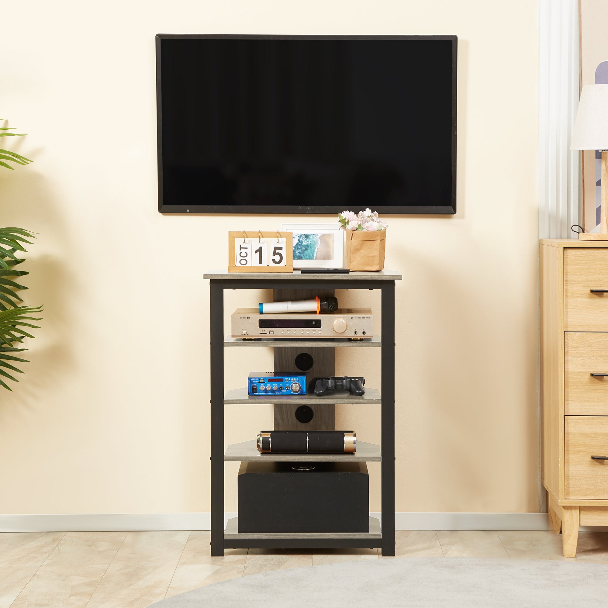TV Stand with LED 4-Tier Audio Rack, Media Corner Shelf with Cable Management, Gray