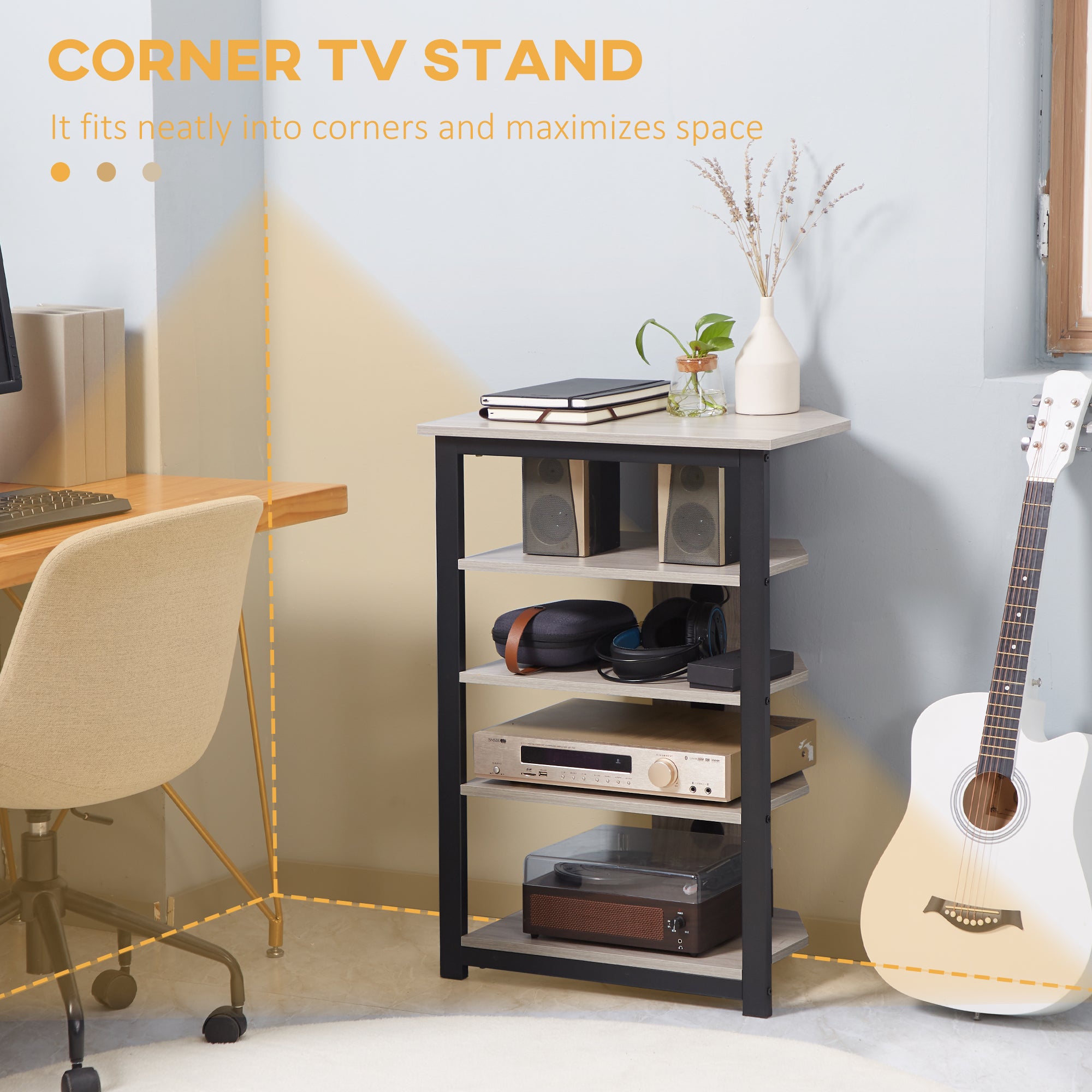 TV Stand with LED 4-Tier Audio Rack, Media Corner Shelf with Cable Management, Gray