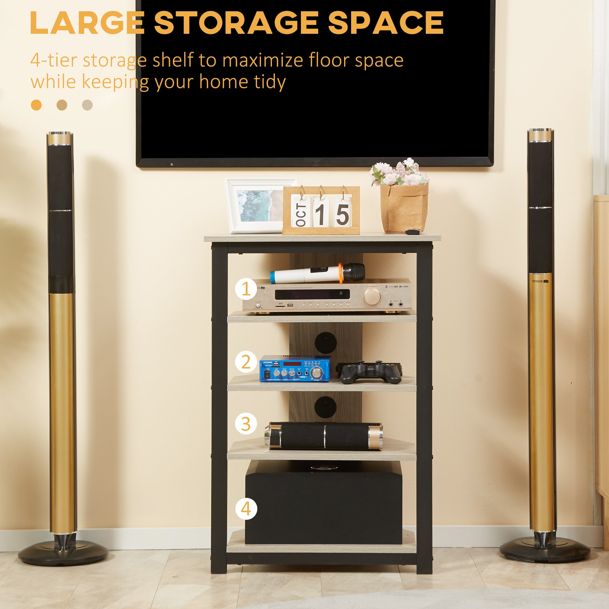 TV Stand with LED 4-Tier Audio Rack, Media Corner Shelf with Cable Management, Gray