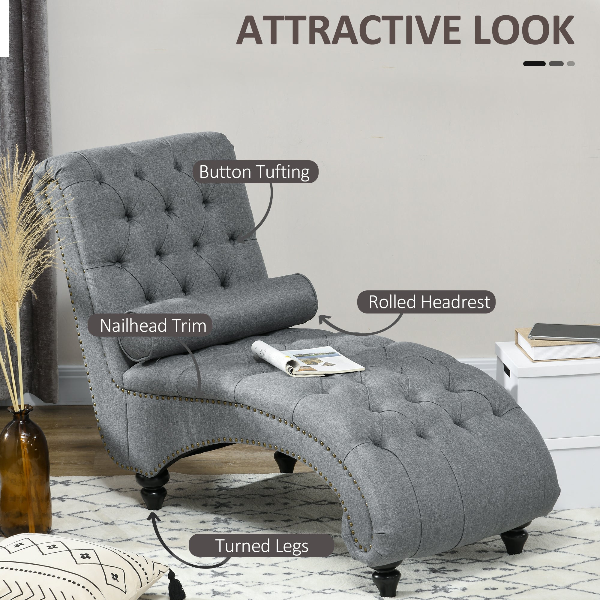 HOMCOM Button Tufted Chaise Lounge Chair Indoor Upholstered Lounge Chair with Bolster Pillow Wood Legs Nailhead Trim for Living Room Bedroom Home Office Grey