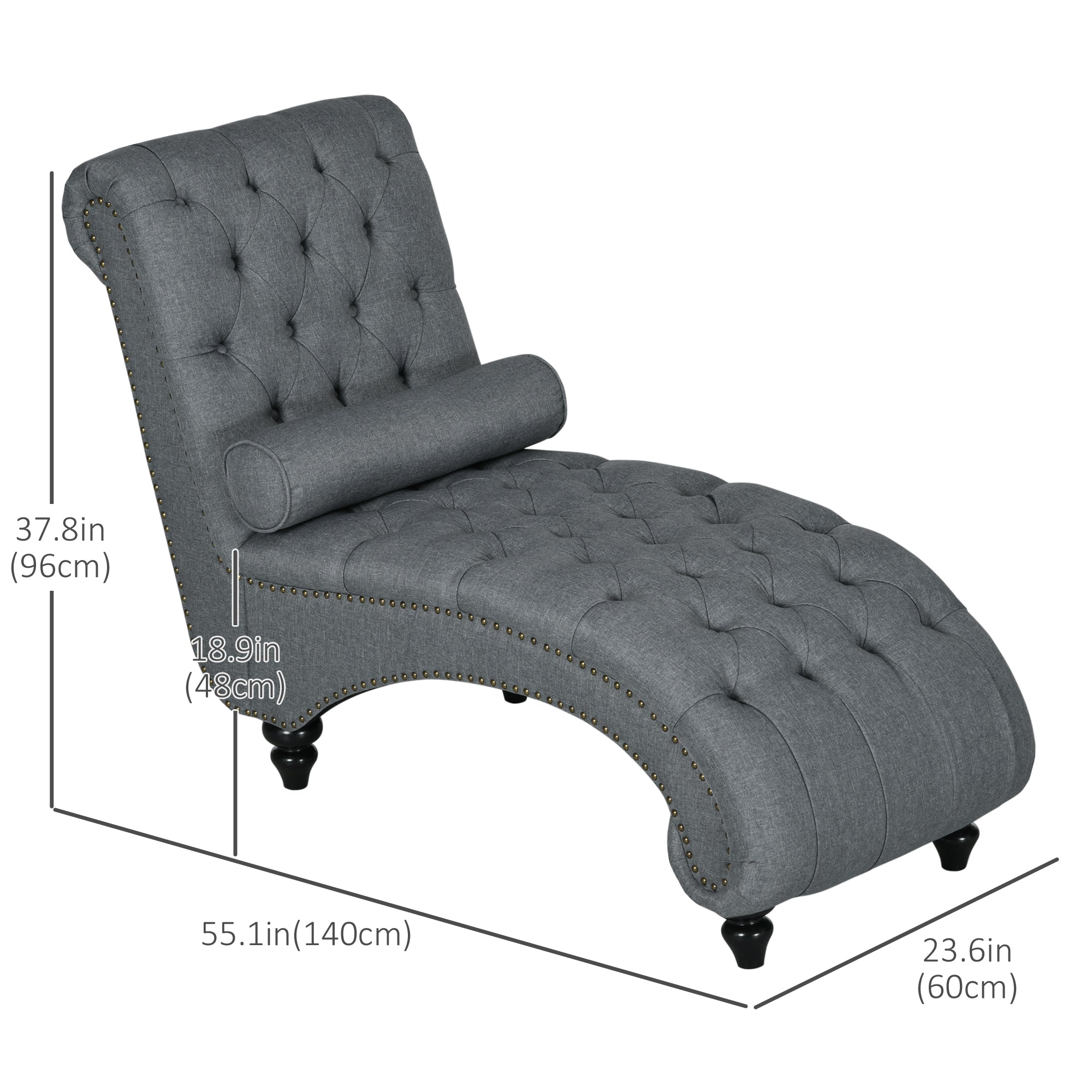 HOMCOM Button Tufted Chaise Lounge Chair Indoor Upholstered Lounge Chair with Bolster Pillow Wood Legs Nailhead Trim for Living Room Bedroom Home Office Grey