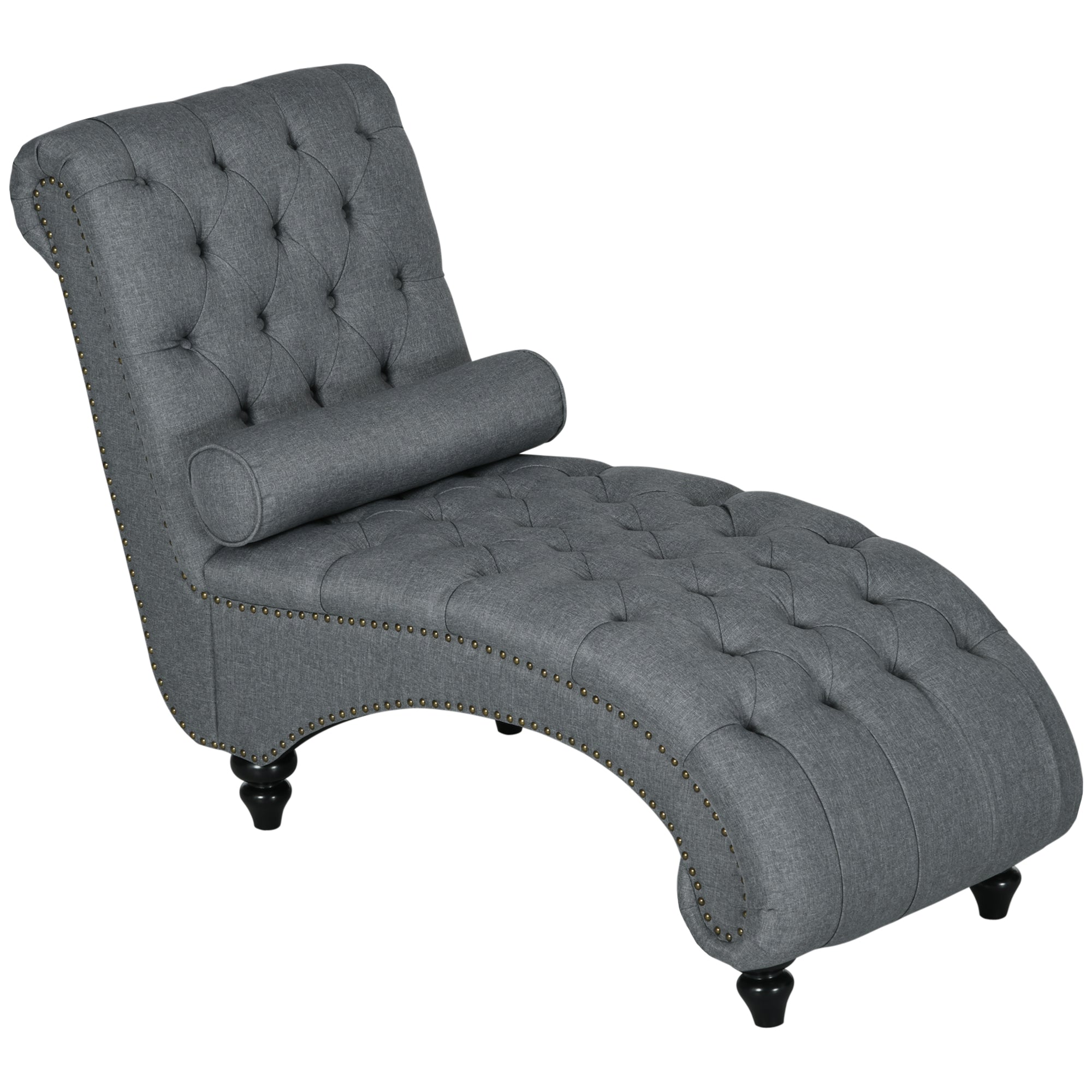 HOMCOM Button Tufted Chaise Lounge Chair Indoor Upholstered Lounge Chair with Bolster Pillow Wood Legs Nailhead Trim for Living Room Bedroom Home Office Grey