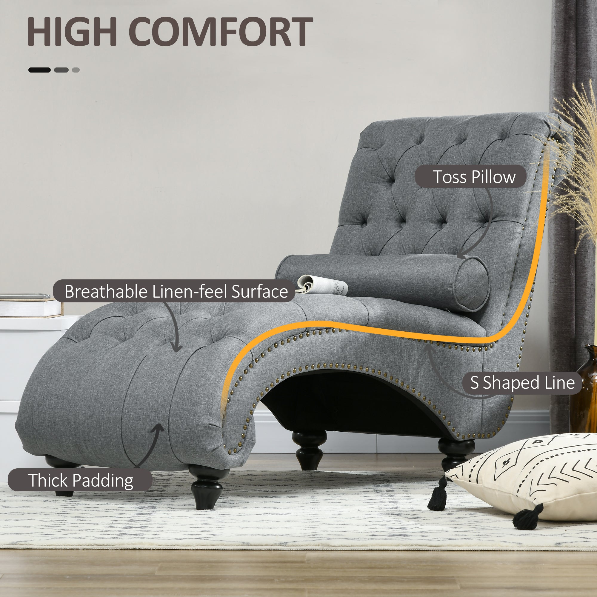 HOMCOM Button Tufted Chaise Lounge Chair Indoor Upholstered Lounge Chair with Bolster Pillow Wood Legs Nailhead Trim for Living Room Bedroom Home Office Grey