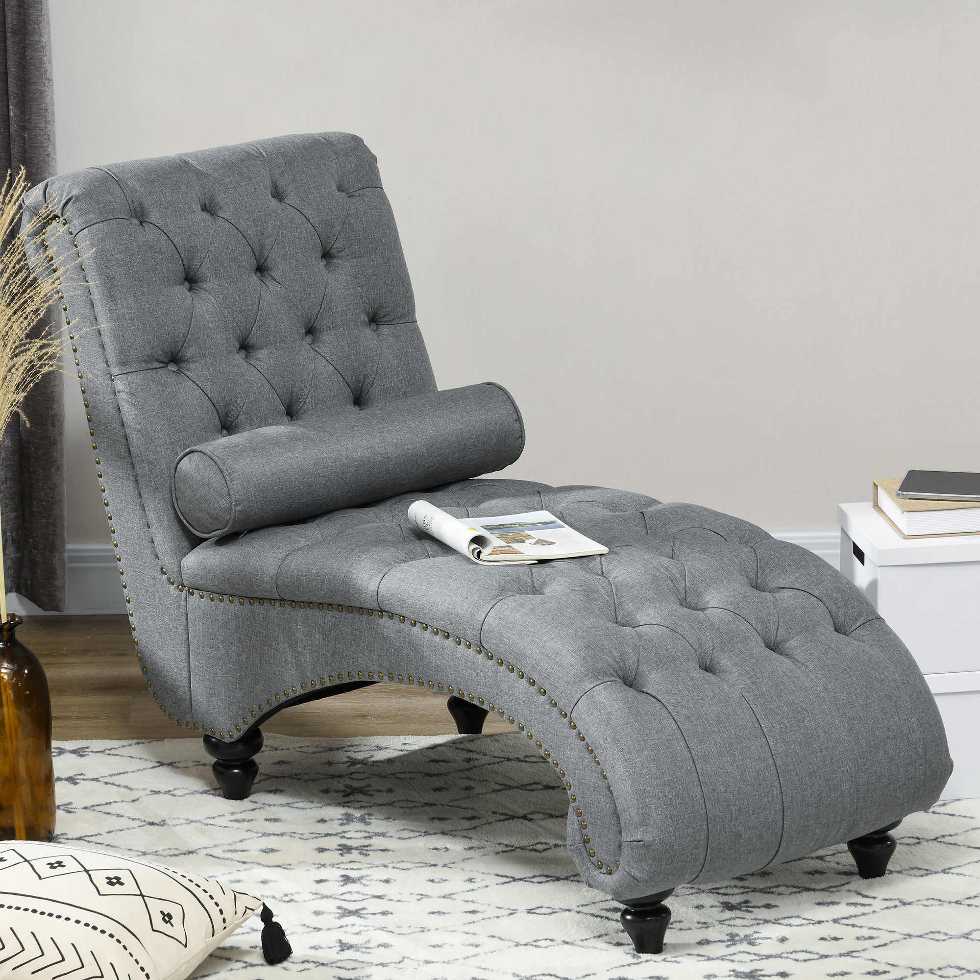 HOMCOM Button Tufted Chaise Lounge Chair Indoor Upholstered Lounge Chair with Bolster Pillow Wood Legs Nailhead Trim for Living Room Bedroom Home Office Grey