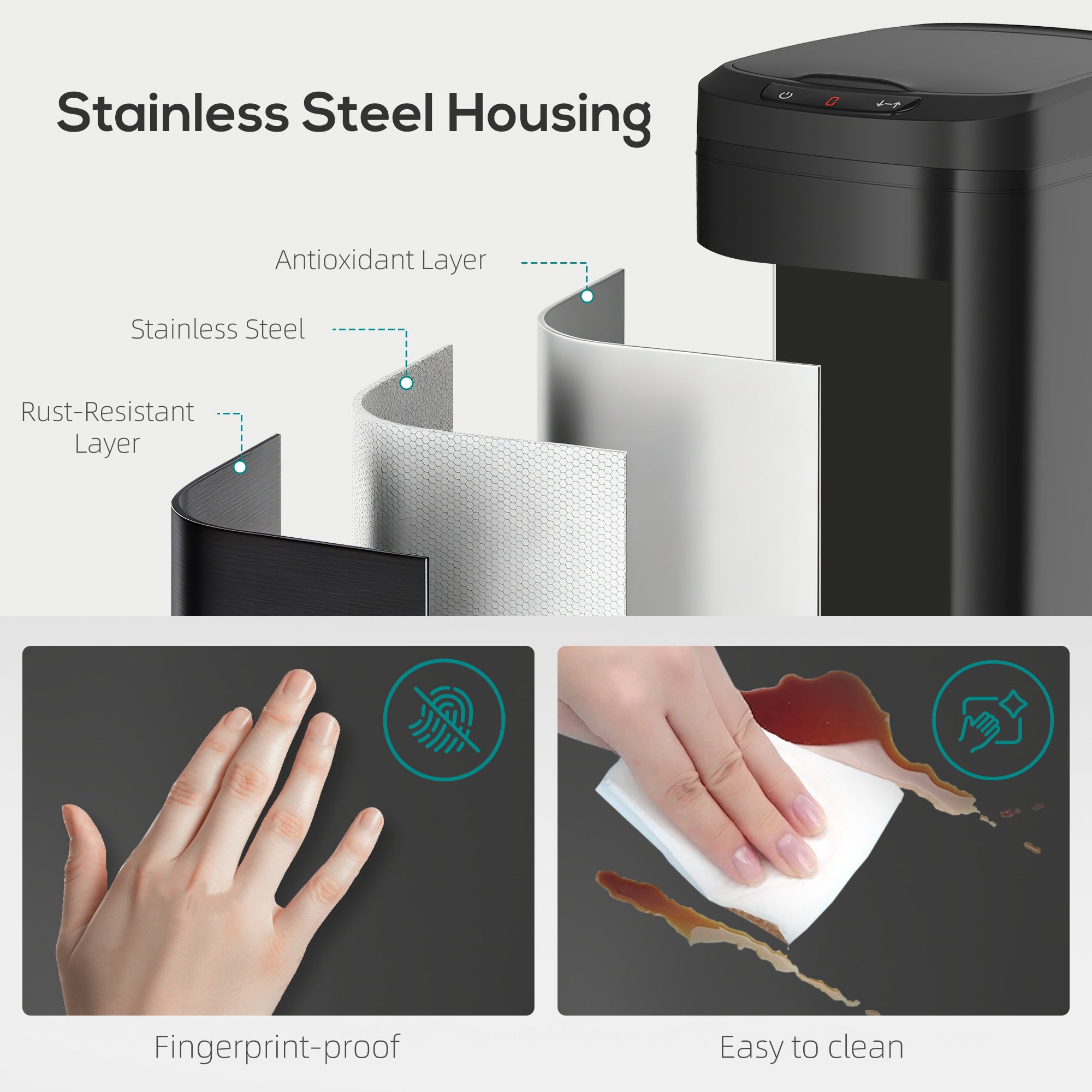 12L Sensor Bin, Automatic Touchless Motion Sensor Kitchen Bin, Compact Trash Can with Fingerprint Resistant Stainless Steel for Hygienic Gyms, Home Office Use, Black