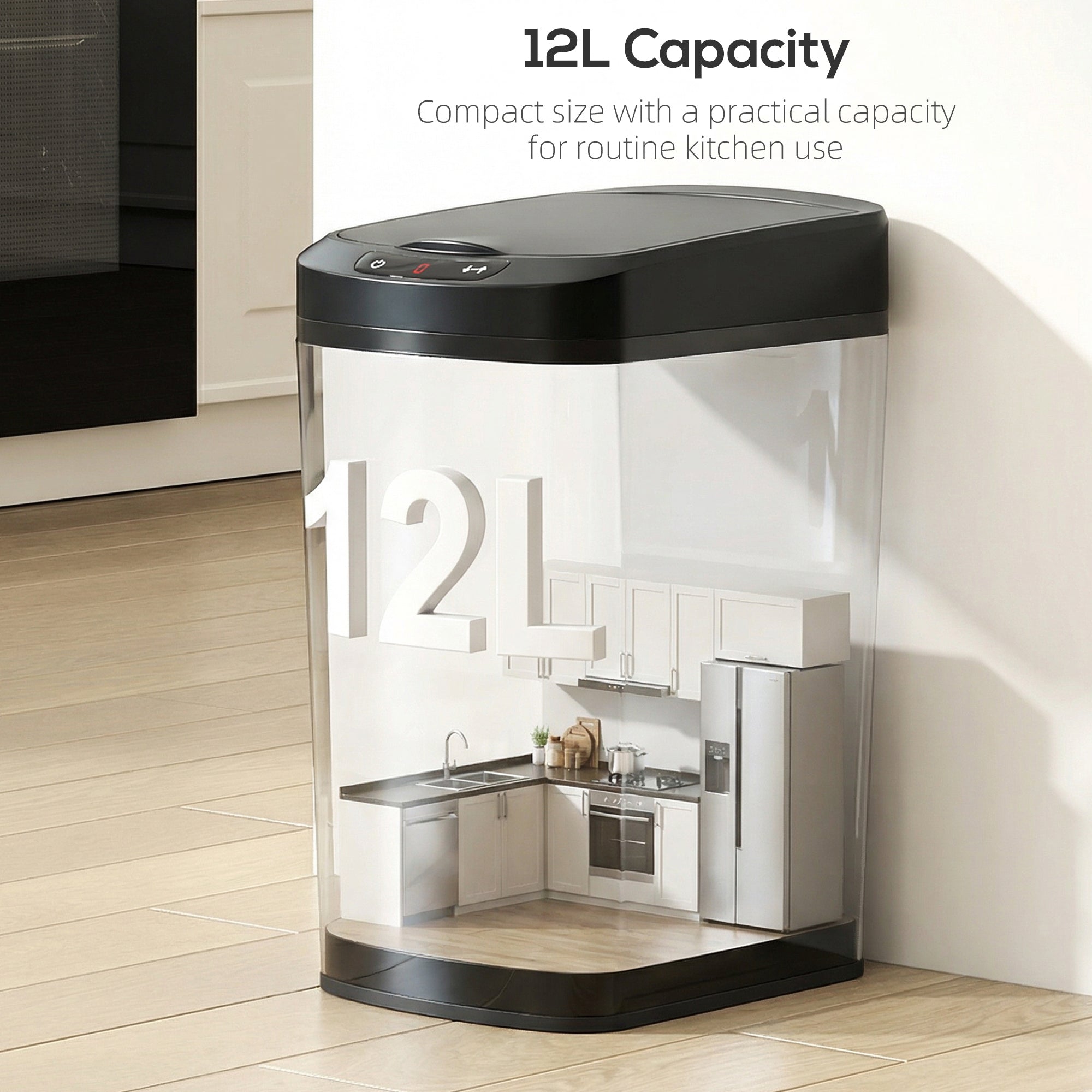 12L Sensor Bin, Automatic Touchless Motion Sensor Kitchen Bin, Compact Trash Can with Fingerprint Resistant Stainless Steel for Hygienic Gyms, Home Office Use, Black