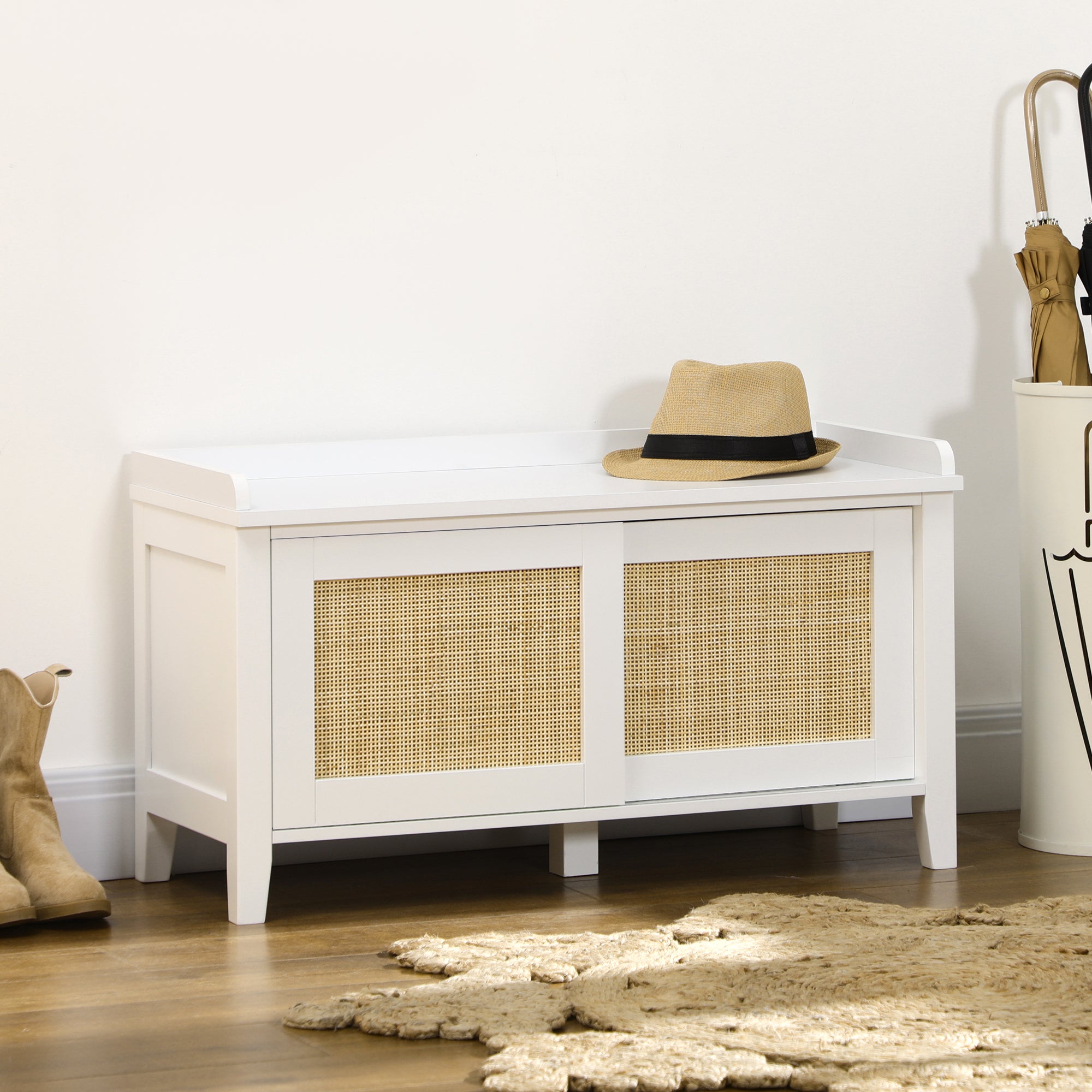 Entryway Shoe Storage Bench with Rattan Sliding Doors & Pine Wood Legs, White