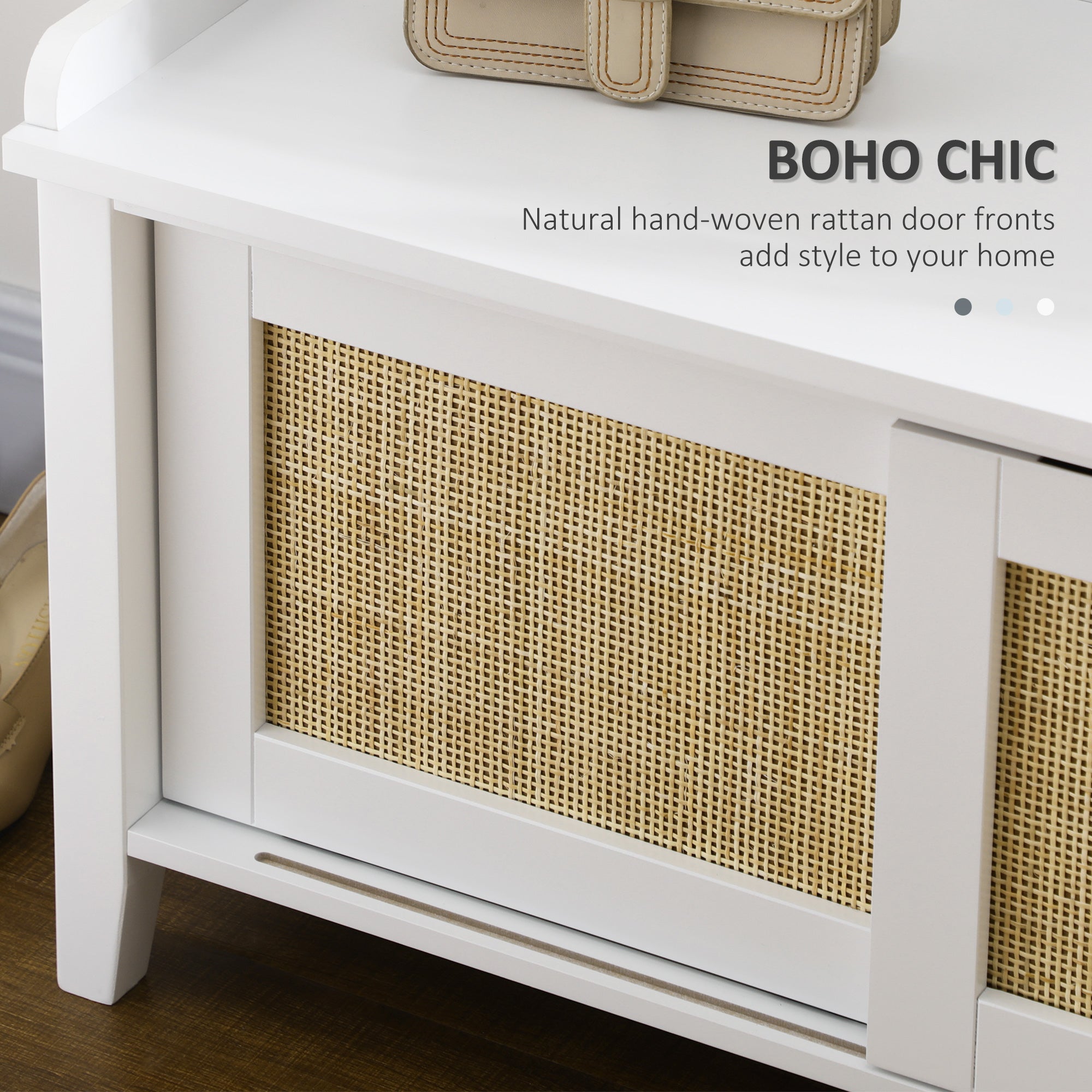 Entryway Shoe Storage Bench with Rattan Sliding Doors & Pine Wood Legs, White