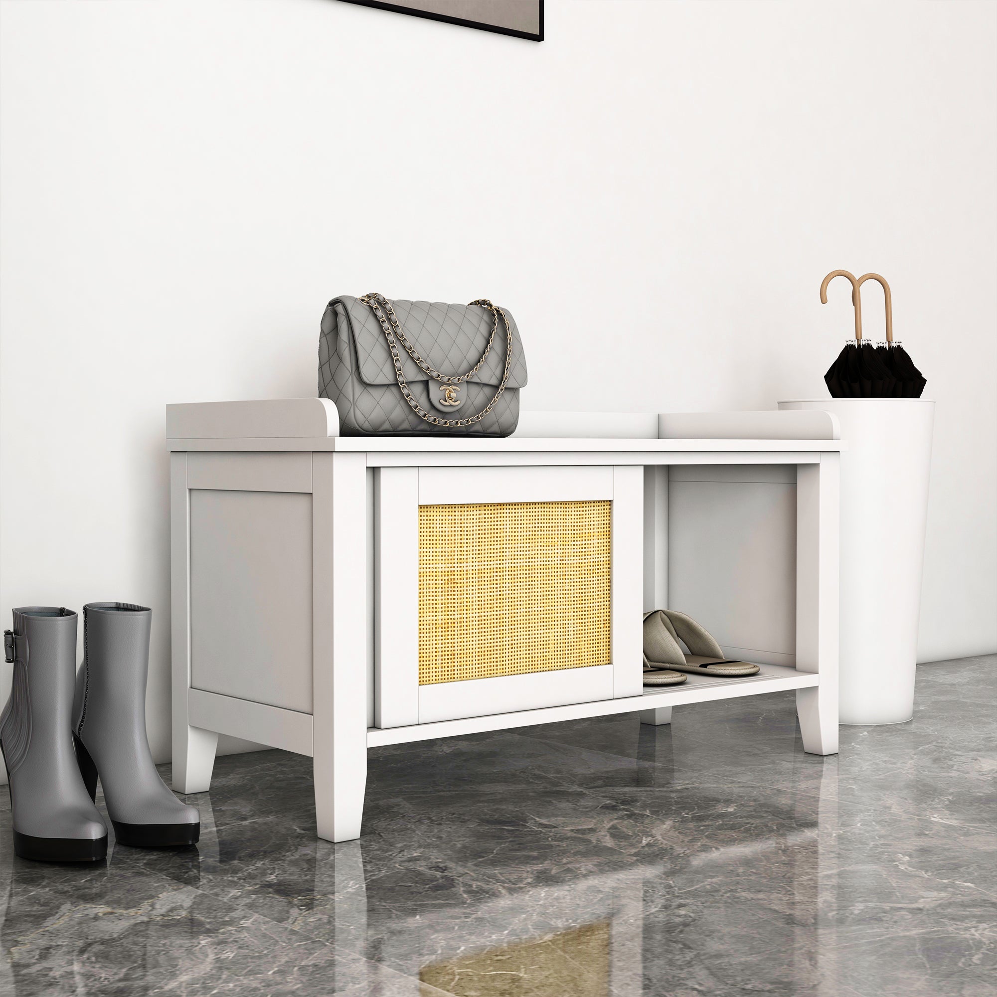 Entryway Shoe Storage Bench with Rattan Sliding Doors & Pine Wood Legs, White