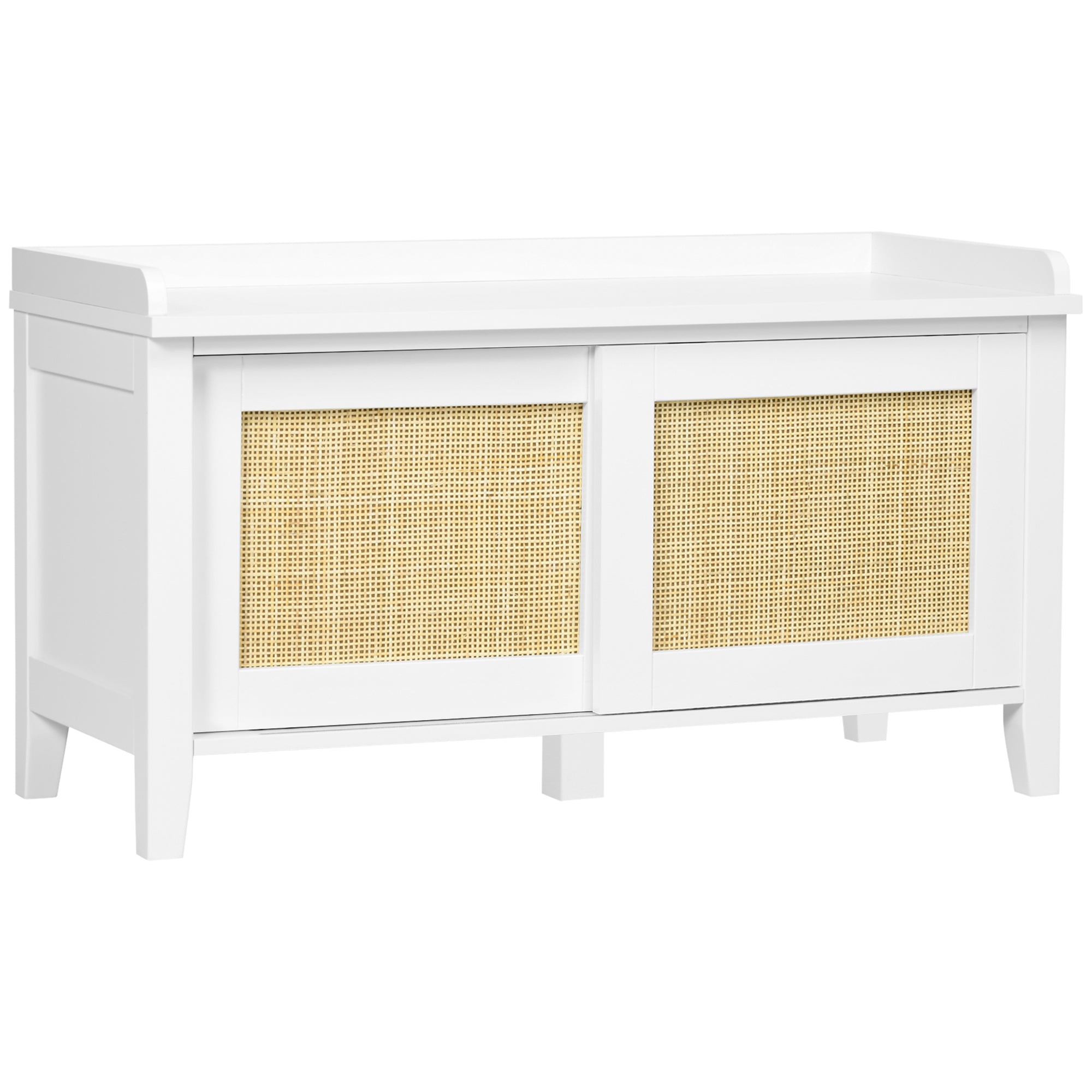 Entryway Shoe Storage Bench with Rattan Sliding Doors & Pine Wood Legs, White