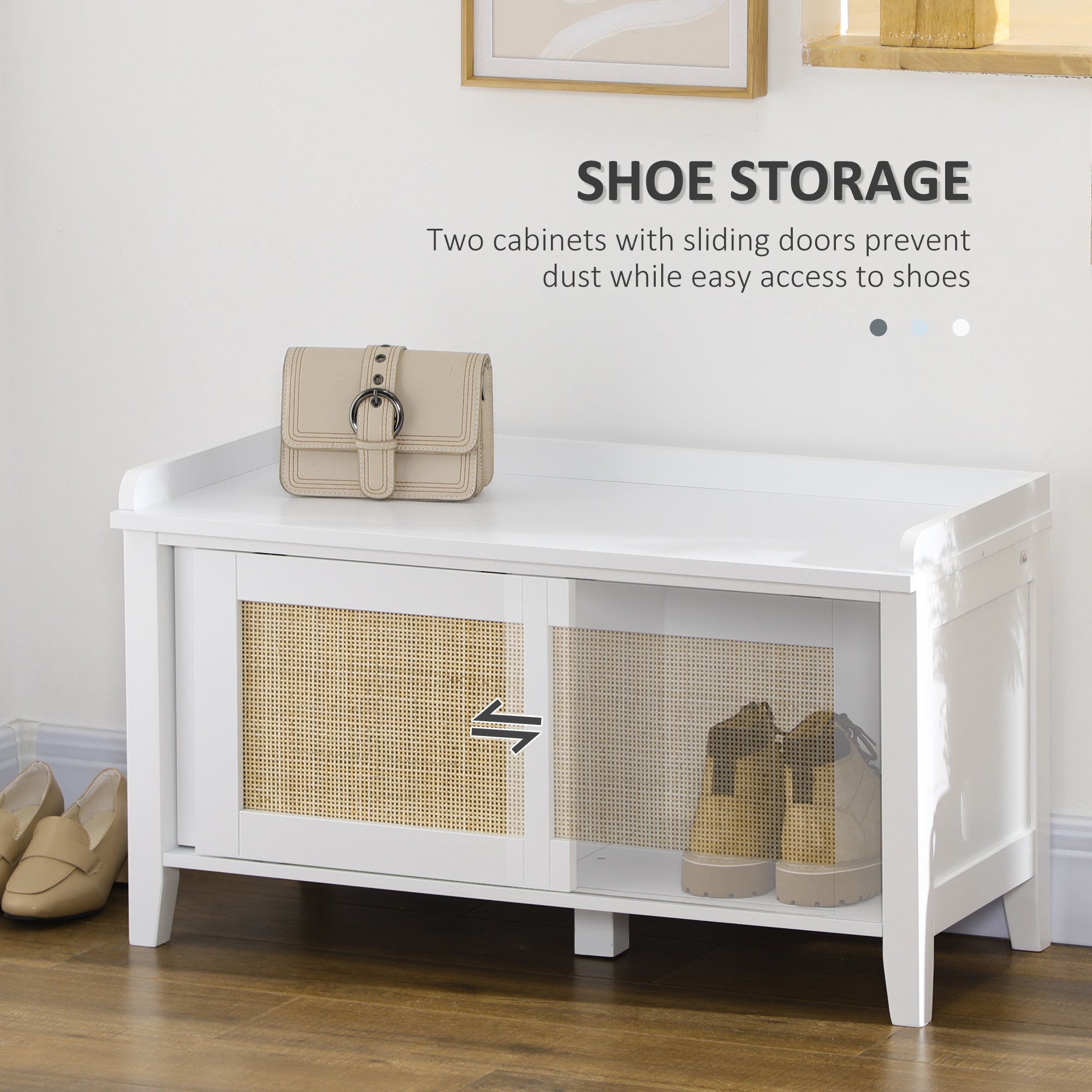 Entryway Shoe Storage Bench with Rattan Sliding Doors & Pine Wood Legs, White