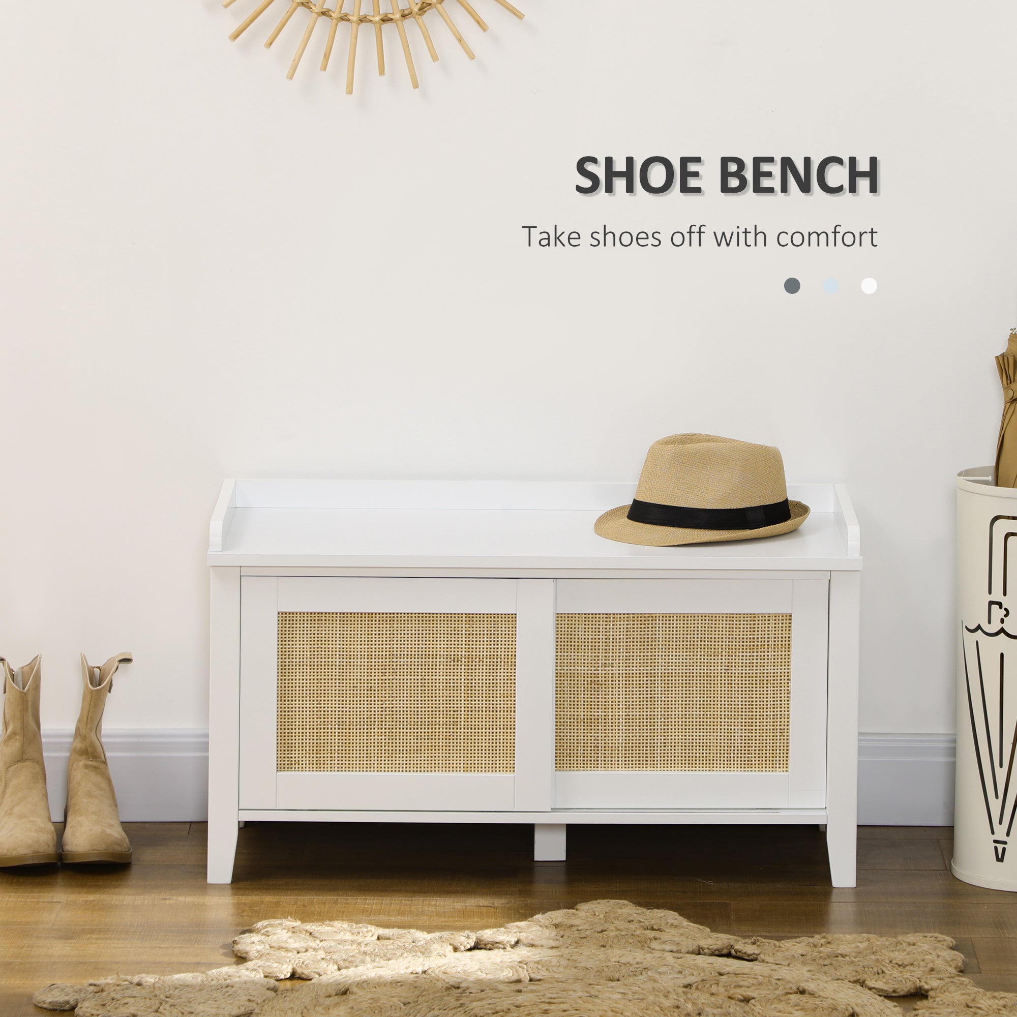 Entryway Shoe Storage Bench with Rattan Sliding Doors & Pine Wood Legs, White