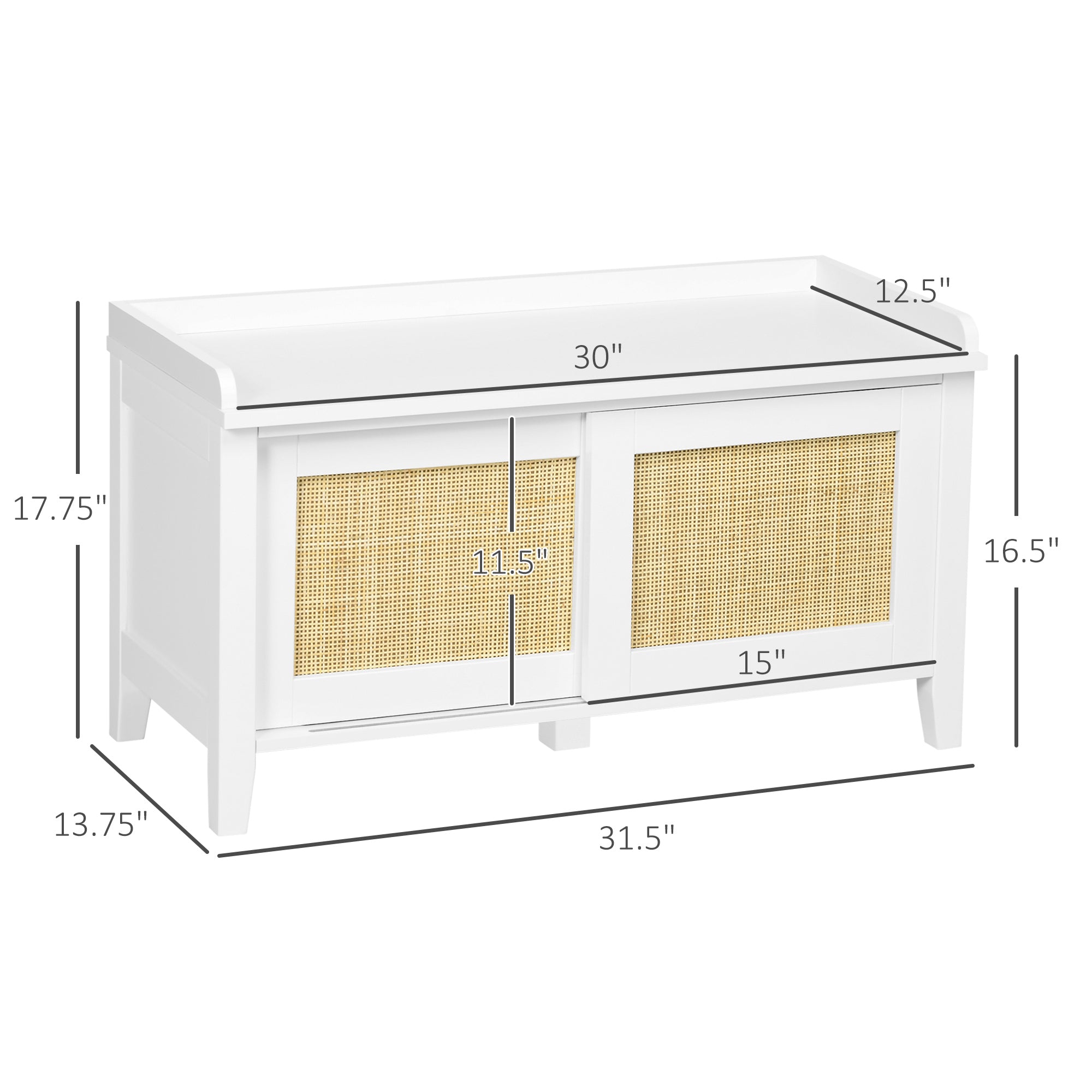 Entryway Shoe Storage Bench with Rattan Sliding Doors & Pine Wood Legs, White