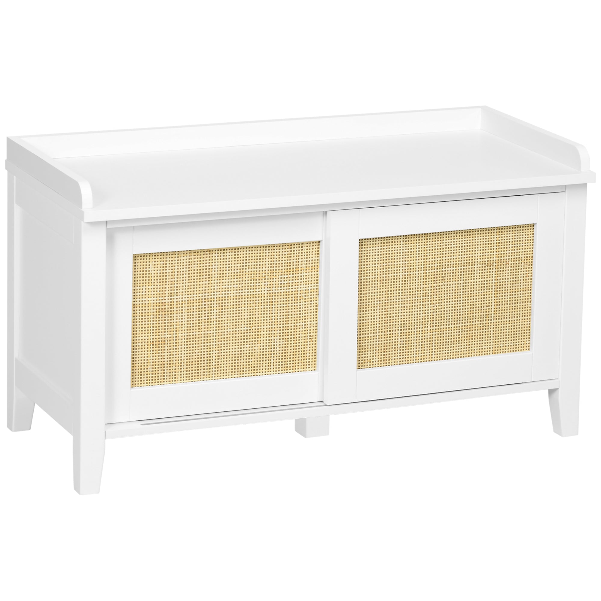 Entryway Shoe Storage Bench with Rattan Sliding Doors & Pine Wood Legs, White