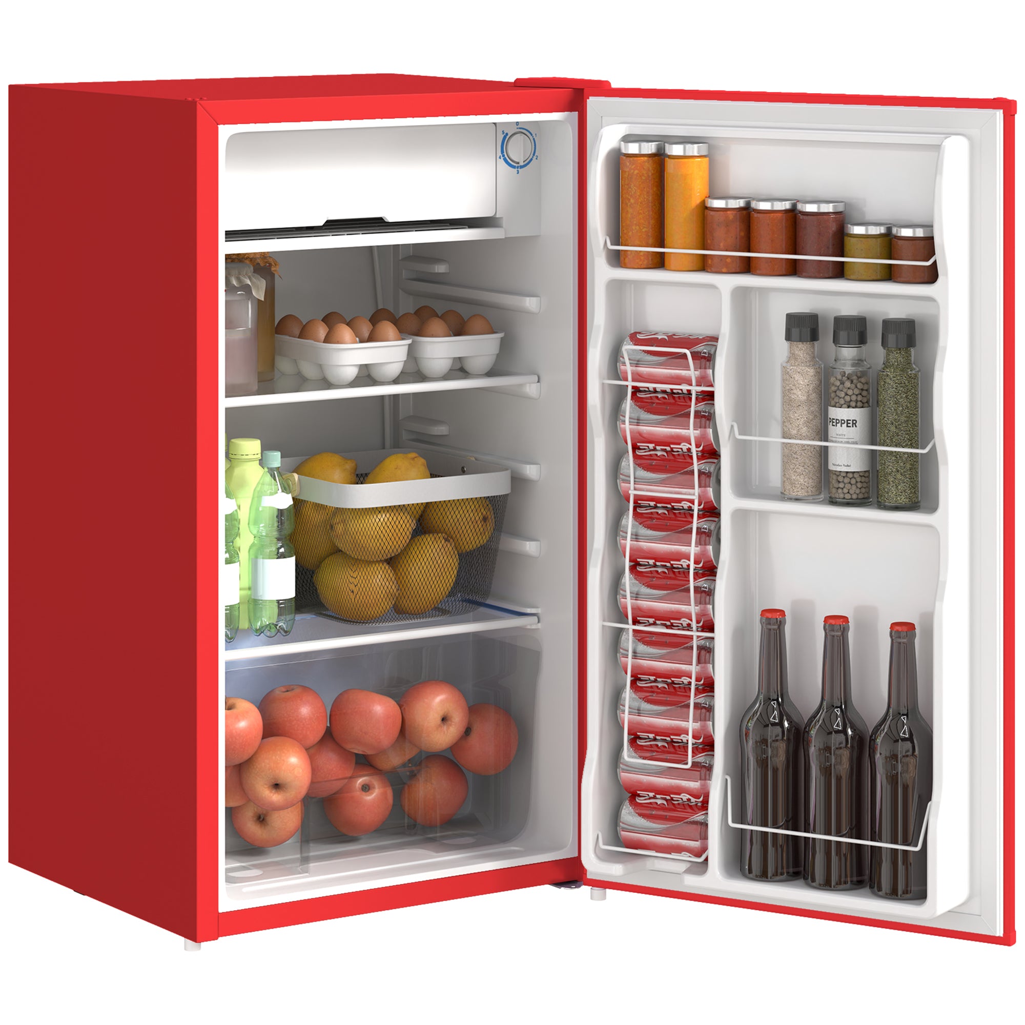 HOMCOM 3.2 Cu.Ft Mini Fridge with Freezer, Single Door Compact Refrigerator with Adjustable Thermostat, Shelf and Reversible Door for Bedroom, Dorm, Home Office, Energy Efficient, Red