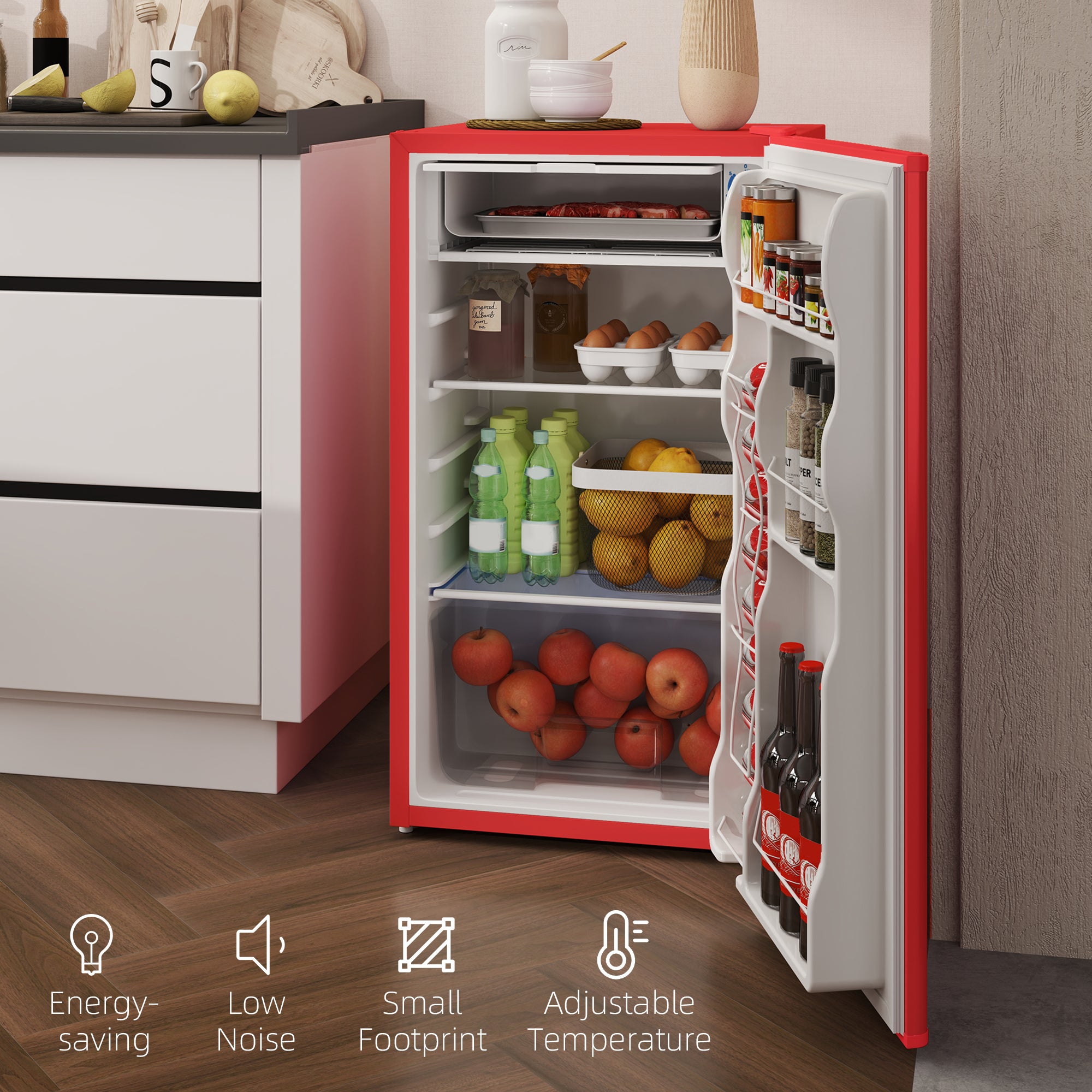 HOMCOM 3.2 Cu.Ft Mini Fridge with Freezer, Single Door Compact Refrigerator with Adjustable Thermostat, Shelf and Reversible Door for Bedroom, Dorm, Home Office, Energy Efficient, Red