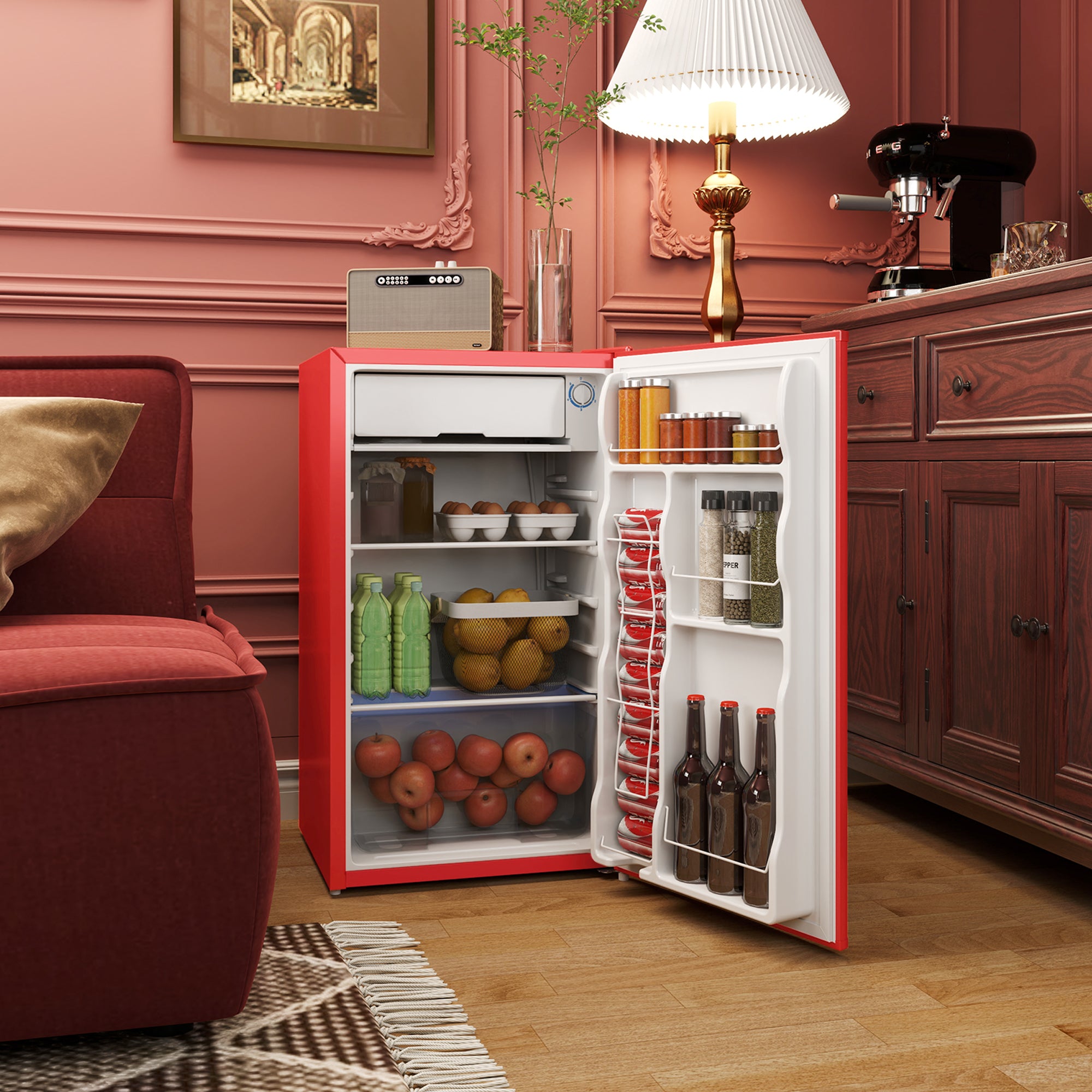 HOMCOM 3.2 Cu.Ft Mini Fridge with Freezer, Single Door Compact Refrigerator with Adjustable Thermostat, Shelf and Reversible Door for Bedroom, Dorm, Home Office, Energy Efficient, Red