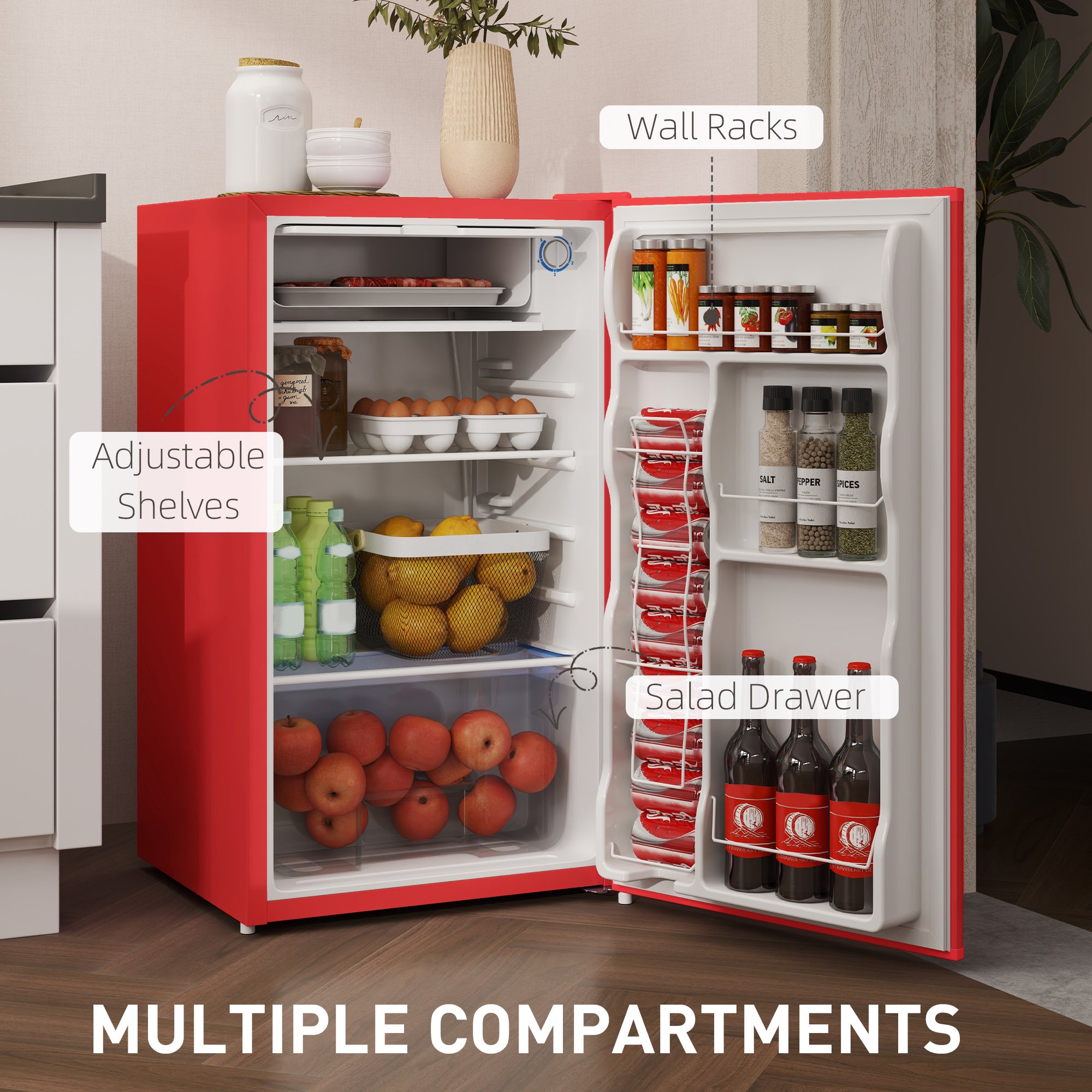 HOMCOM 3.2 Cu.Ft Mini Fridge with Freezer, Single Door Compact Refrigerator with Adjustable Thermostat, Shelf and Reversible Door for Bedroom, Dorm, Home Office, Energy Efficient, Red