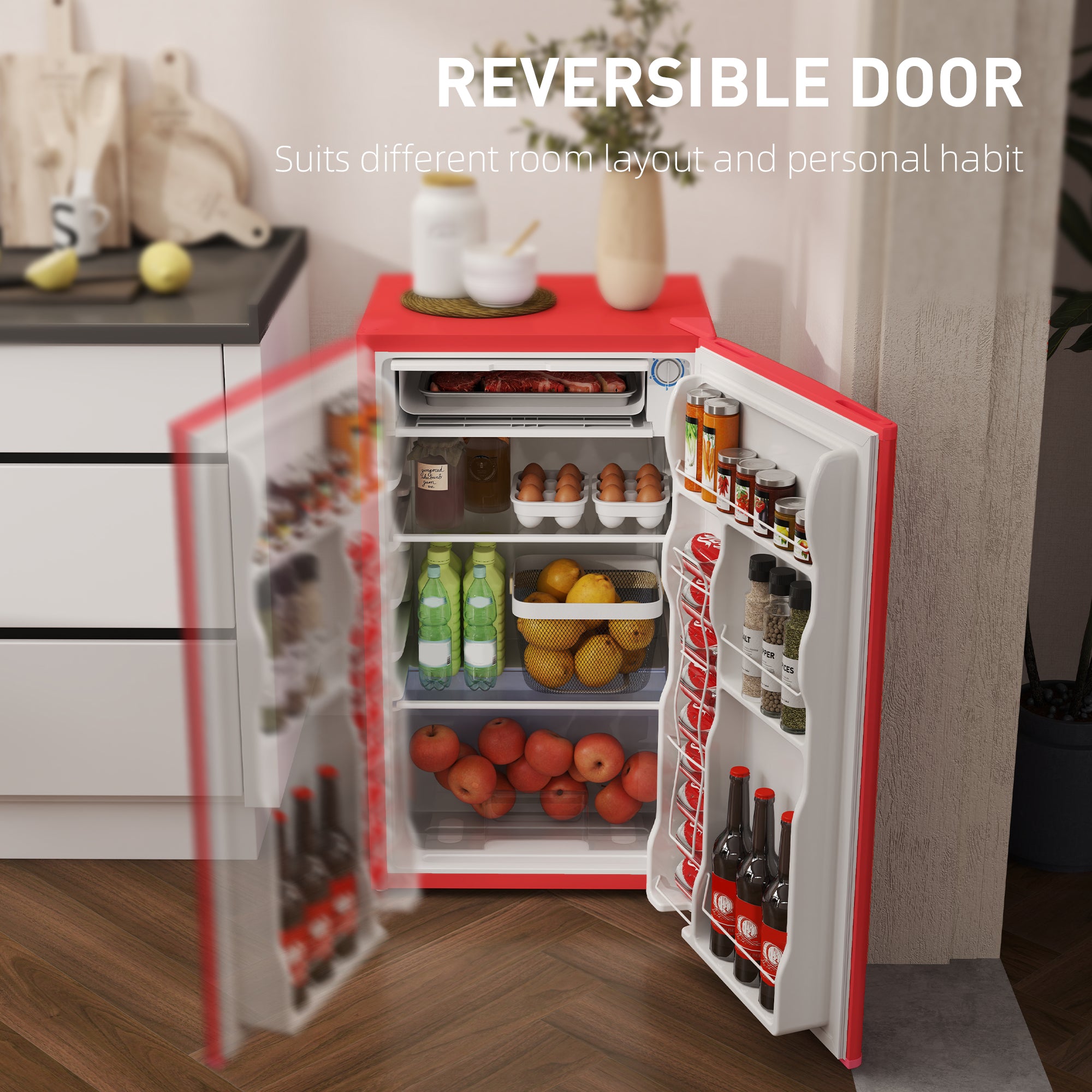 HOMCOM 3.2 Cu.Ft Mini Fridge with Freezer, Single Door Compact Refrigerator with Adjustable Thermostat, Shelf and Reversible Door for Bedroom, Dorm, Home Office, Energy Efficient, Red