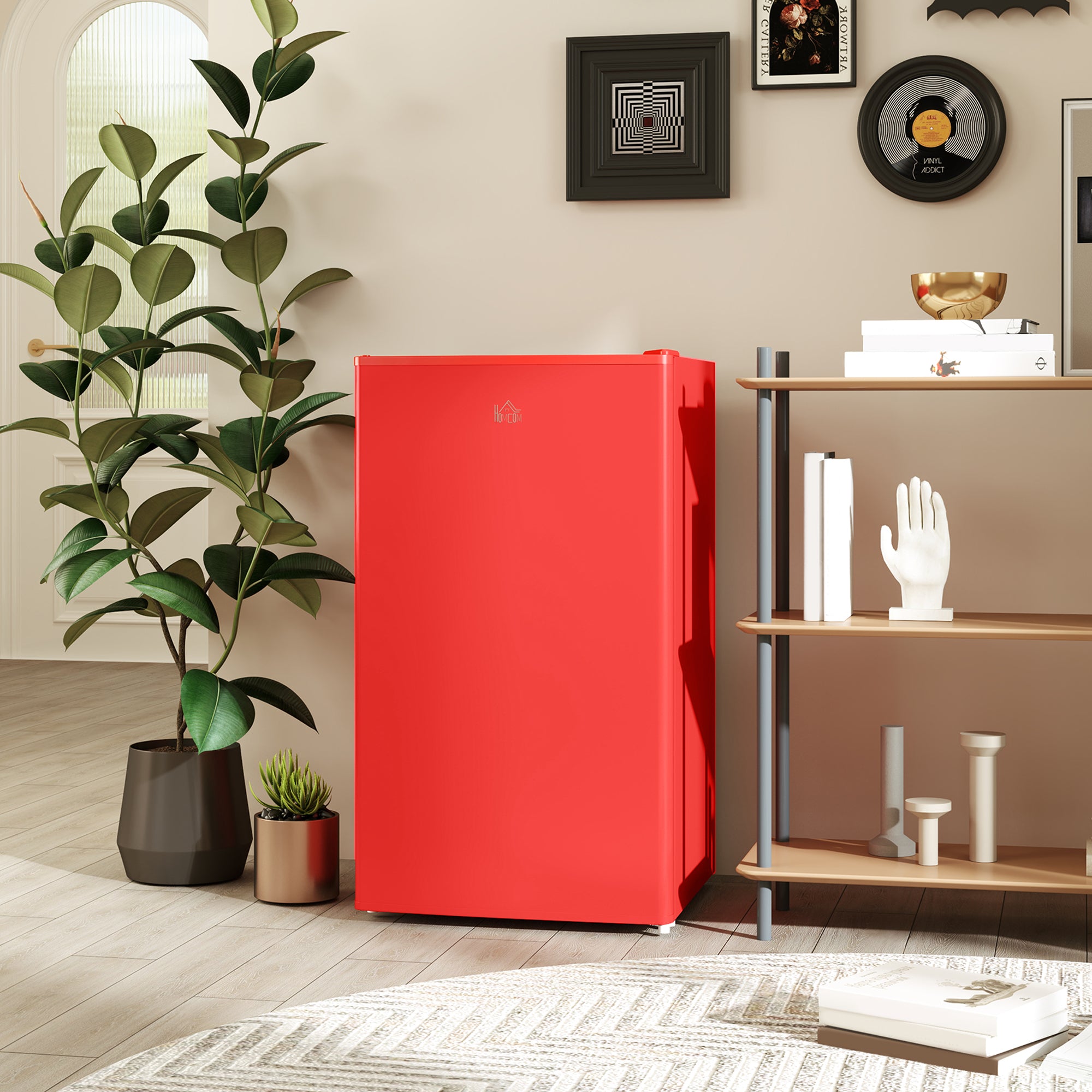 HOMCOM 3.2 Cu.Ft Mini Fridge with Freezer, Single Door Compact Refrigerator with Adjustable Thermostat, Shelf and Reversible Door for Bedroom, Dorm, Home Office, Energy Efficient, Red