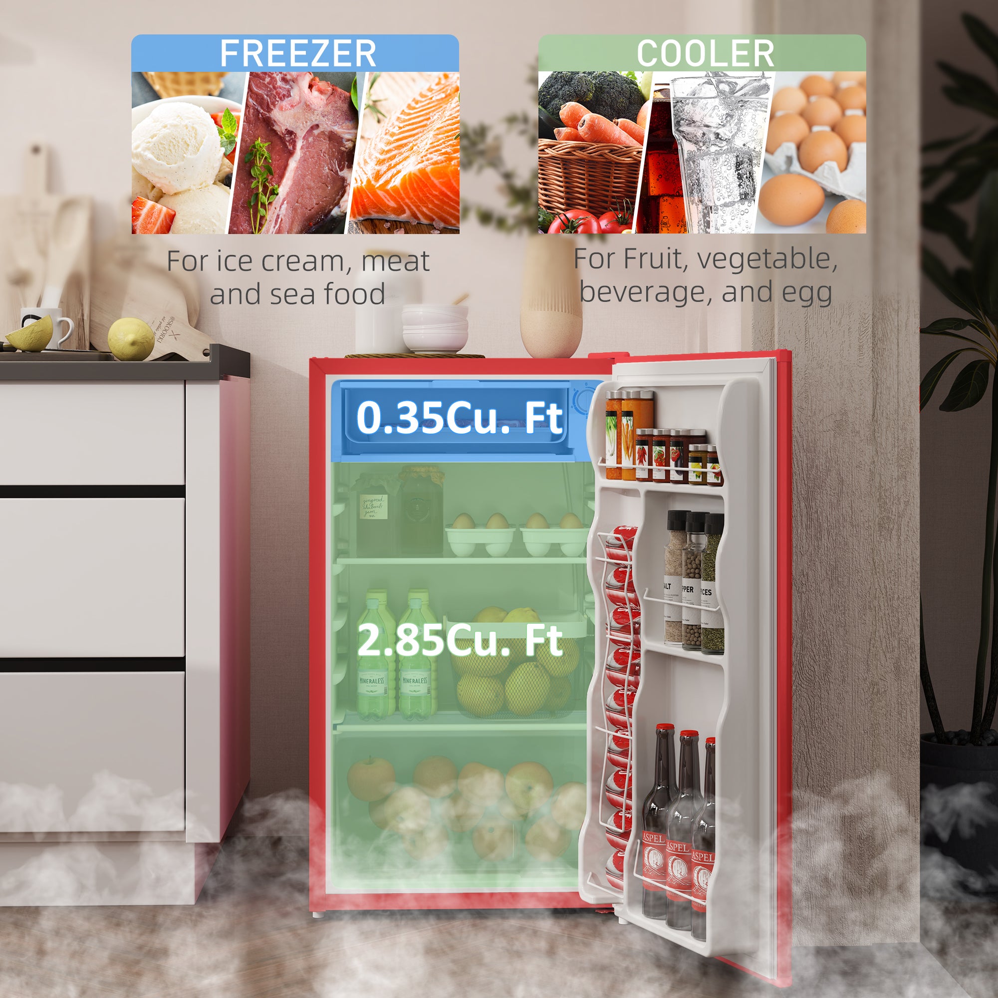 HOMCOM 3.2 Cu.Ft Mini Fridge with Freezer, Single Door Compact Refrigerator with Adjustable Thermostat, Shelf and Reversible Door for Bedroom, Dorm, Home Office, Energy Efficient, Red