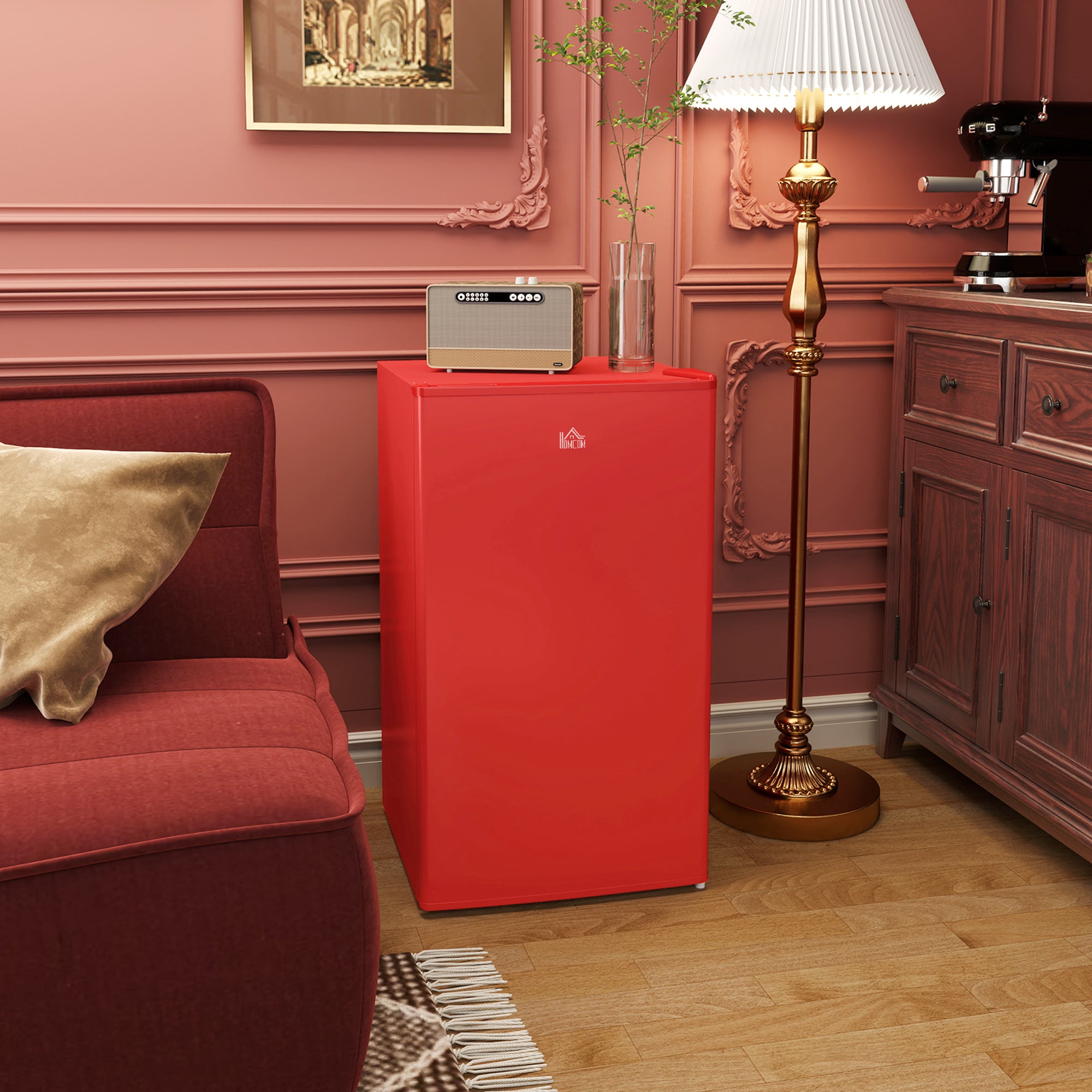 HOMCOM 3.2 Cu.Ft Mini Fridge with Freezer, Single Door Compact Refrigerator with Adjustable Thermostat, Shelf and Reversible Door for Bedroom, Dorm, Home Office, Energy Efficient, Red