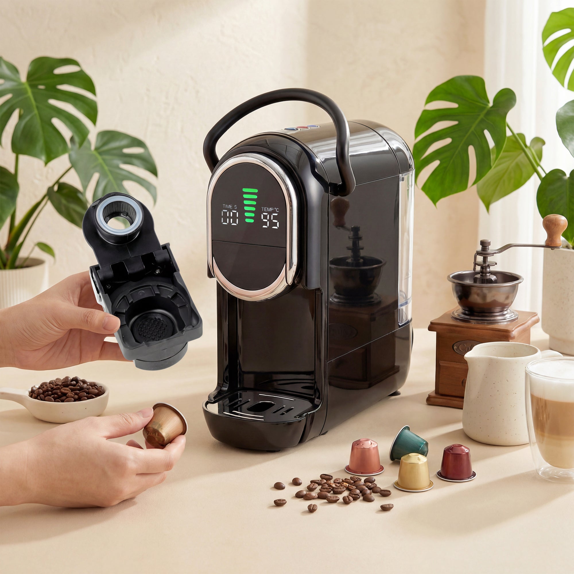 Pod Coffee Machine for Nespresso Original, Dolce Gusto Capsule and Ground Coffee, Small Semi Automatic Coffee Maker with 19 Bar Pump and 0.6L Water Tank for Home Office, Black