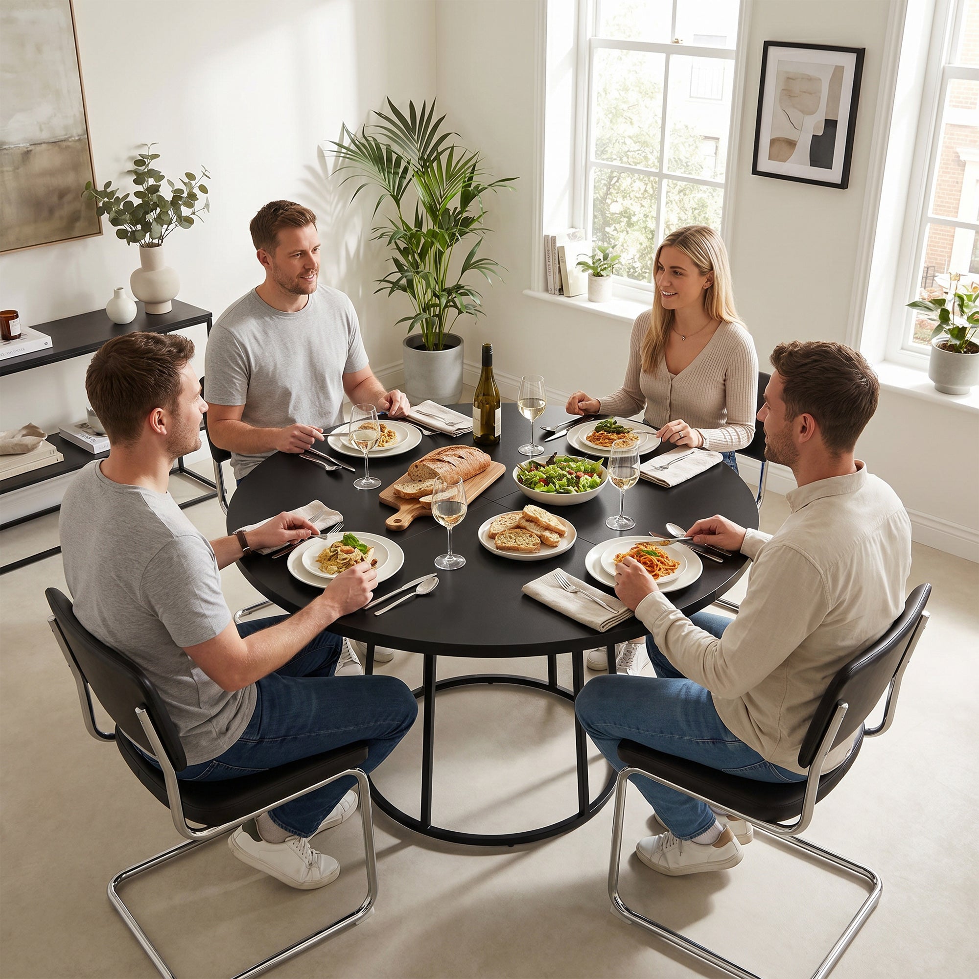 Modern Industrial Dining Table for 4-6 People, 120 cm Round Kitchen Table with Spliced Top and Conical Metal Base for Dining Room, Kitchen, Living Room, Black