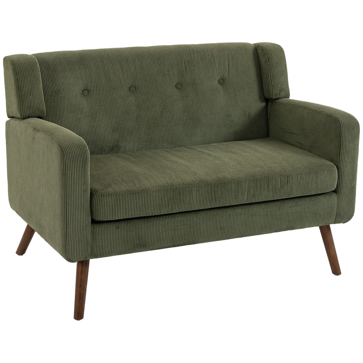2 Seater Sofa, 118 cm Corduroy Small Sofa with Spring Cushion, Compact Tufted Loveseat Sofa Settee with Wooden Legs for Small Space, Living Room, Bedroom, Home Office, Dark Green