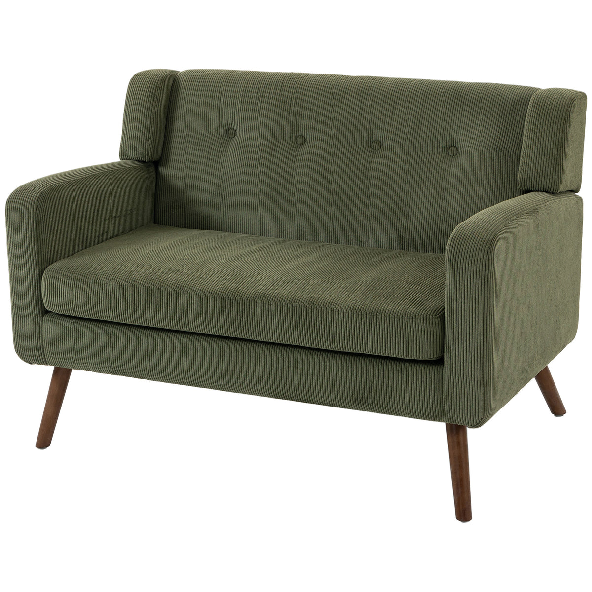 2 Seater Sofa, 118 cm Corduroy Small Sofa with Spring Cushion, Compact Tufted Loveseat Sofa Settee with Wooden Legs for Small Space, Living Room, Bedroom, Home Office, Dark Green