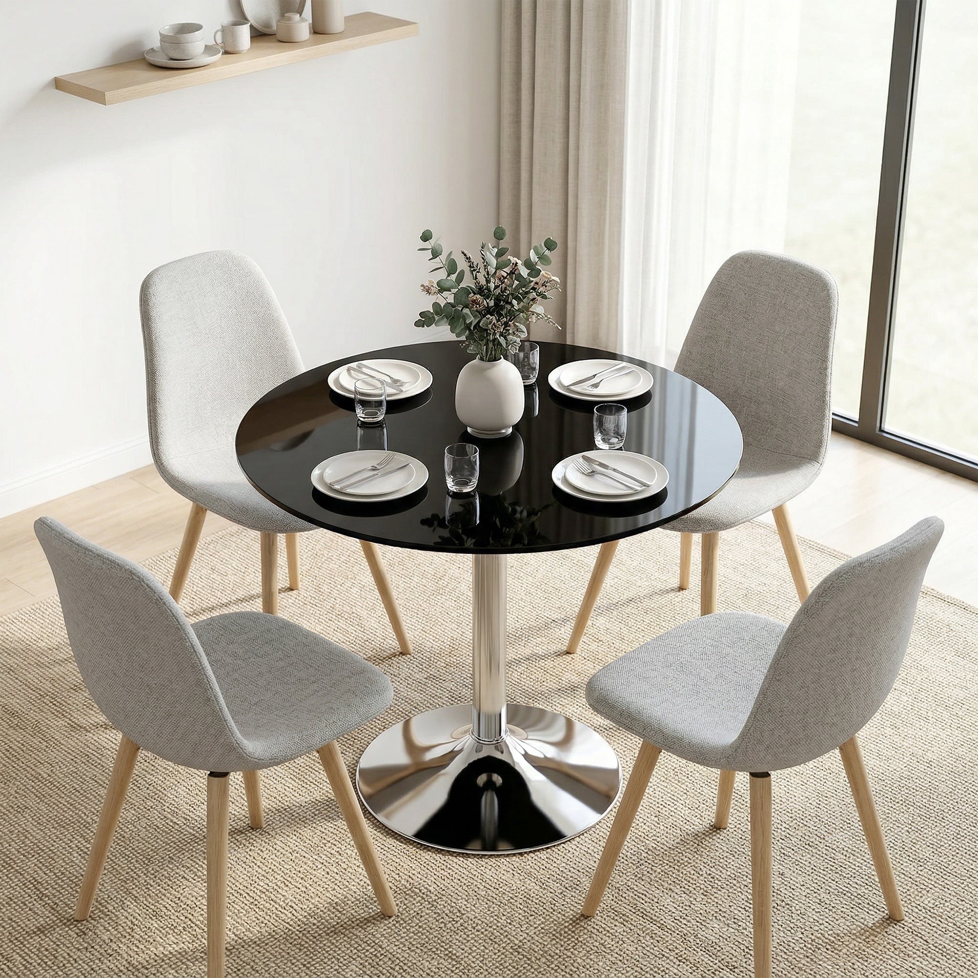 Round Bar Table, Modern Dining Table with Tempered Glass Top and Steel Frame for 4, Easy Assembly for Breakfast Bar, Dining Room, 80 x 80 x 77cm, Black