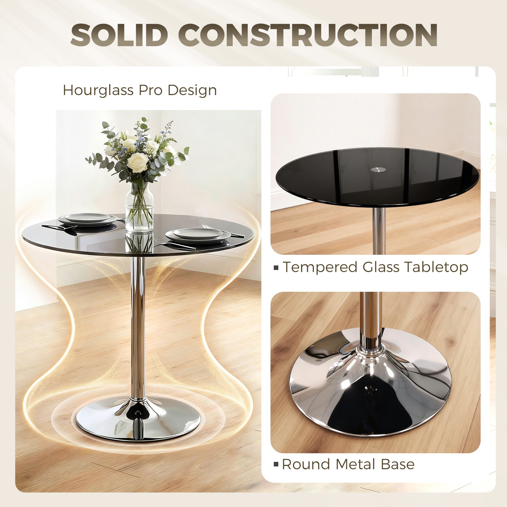 Round Bar Table, Modern Dining Table with Tempered Glass Top and Steel Frame for 4, Easy Assembly for Breakfast Bar, Dining Room, 80 x 80 x 77cm, Black