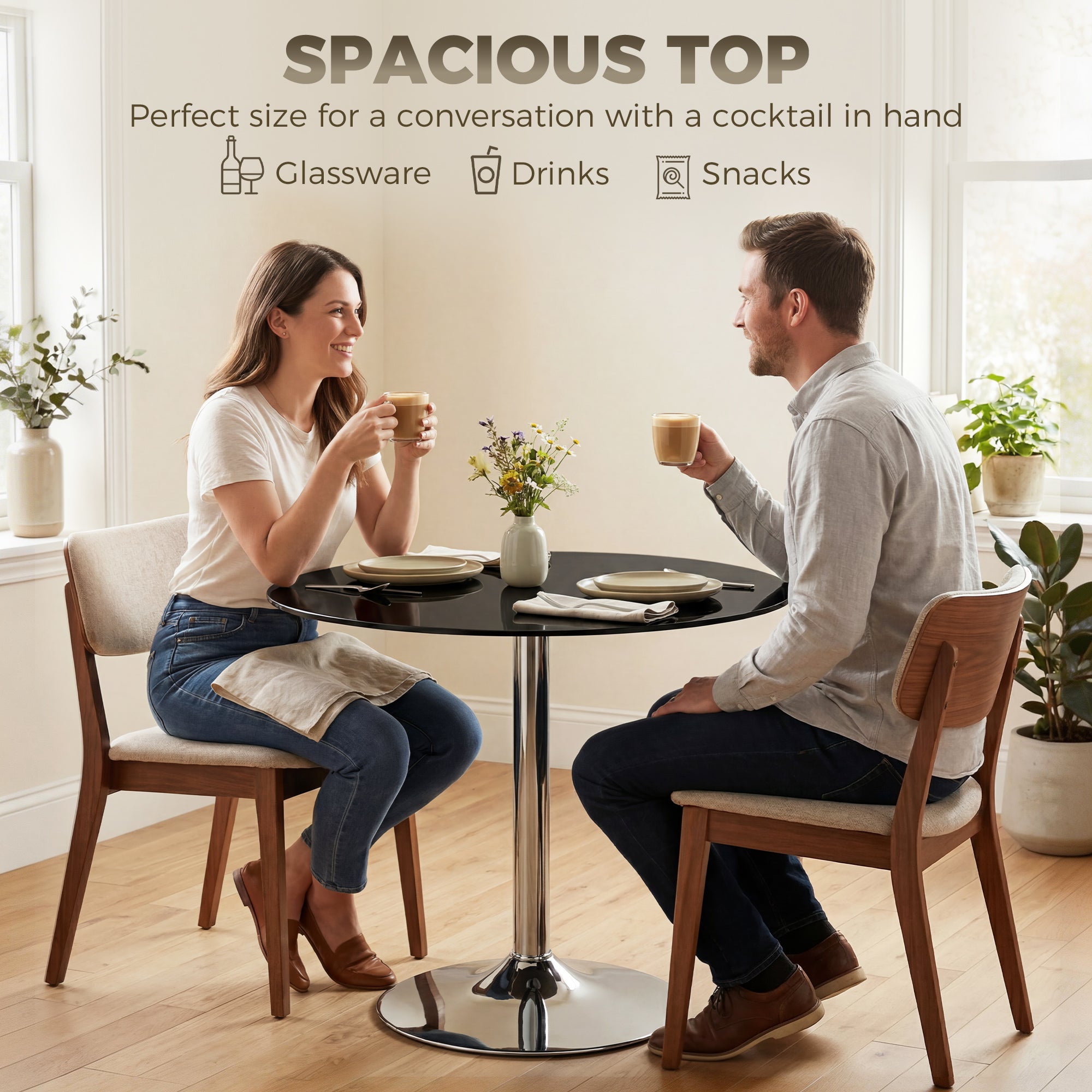 Round Bar Table, Modern Dining Table with Tempered Glass Top and Steel Frame for 4, Easy Assembly for Breakfast Bar, Dining Room, 80 x 80 x 77cm, Black