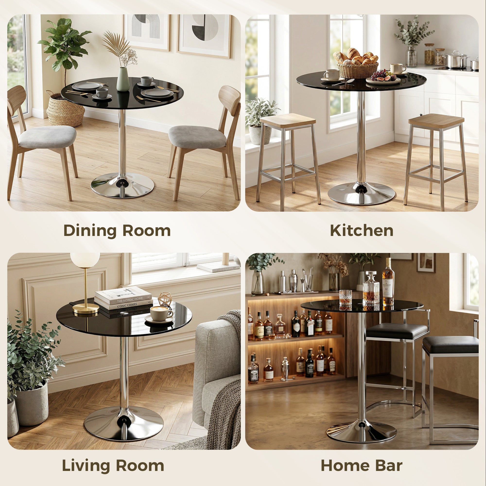 Round Bar Table, Modern Dining Table with Tempered Glass Top and Steel Frame for 4, Easy Assembly for Breakfast Bar, Dining Room, 80 x 80 x 77cm, Black