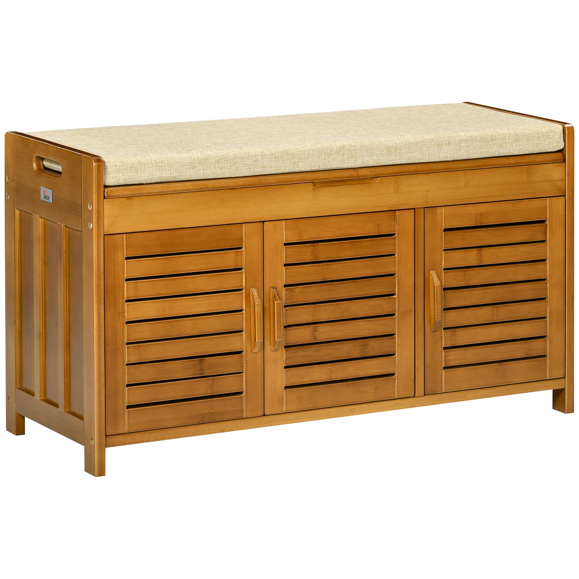 Shoe Bench with Storage Cabinets Bamboo Entryway Bench with Cushion 3 Doors, Brown