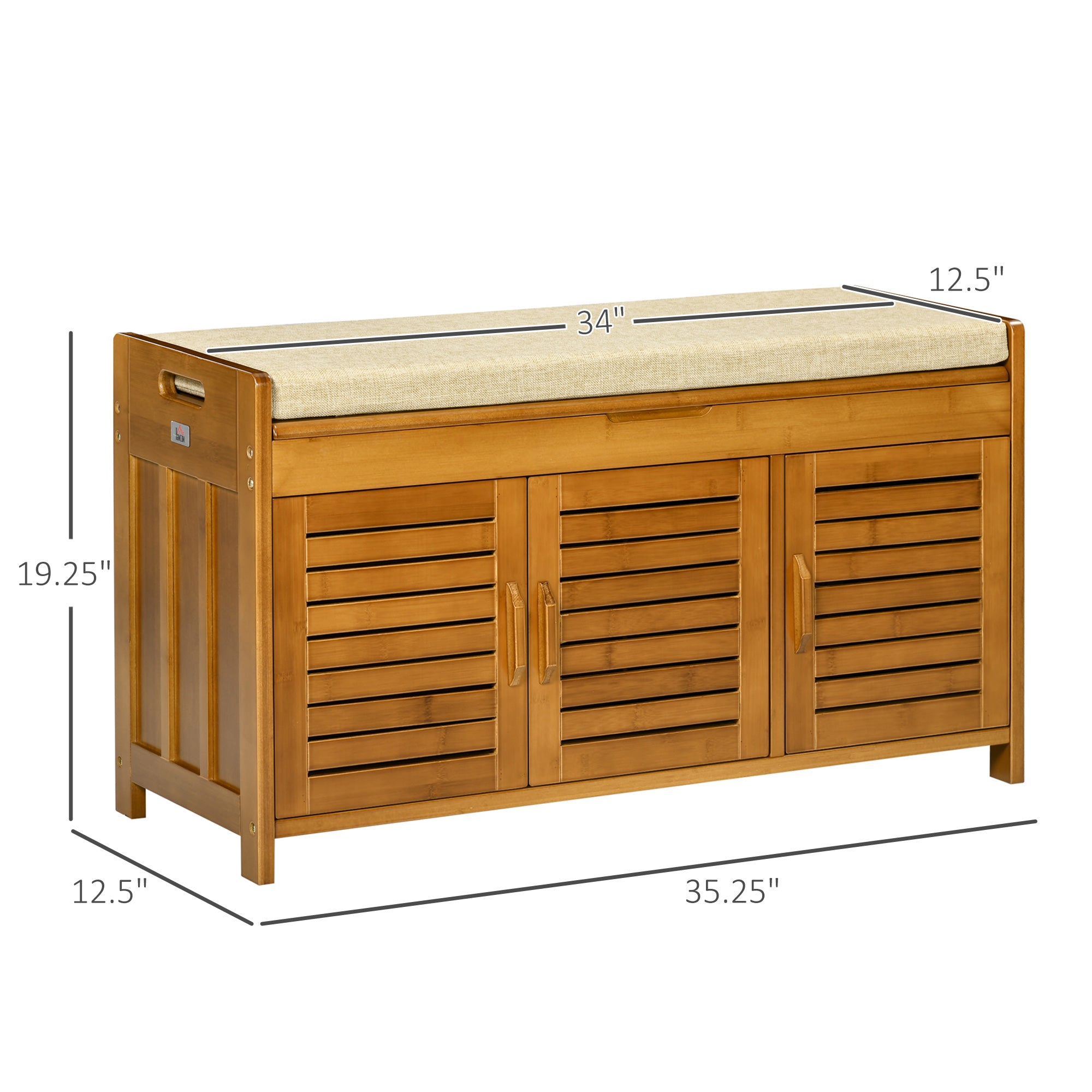 Shoe Bench with Storage Cabinets Bamboo Entryway Bench with Cushion 3 Doors, Brown