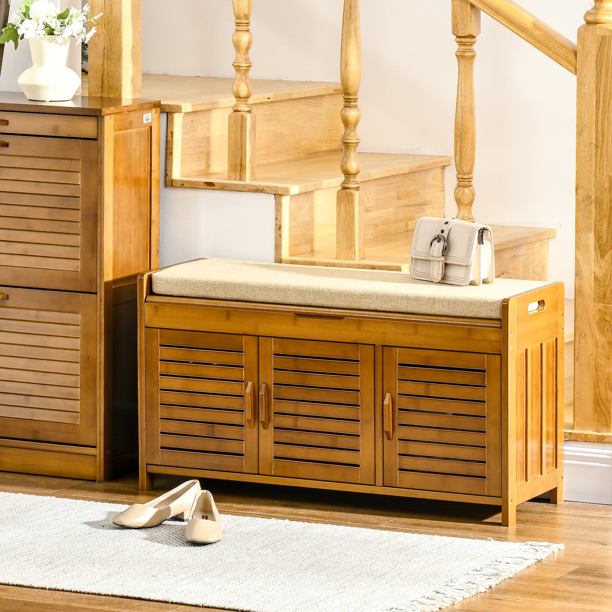 Shoe Bench with Storage Cabinets Bamboo Entryway Bench with Cushion 3 Doors, Brown