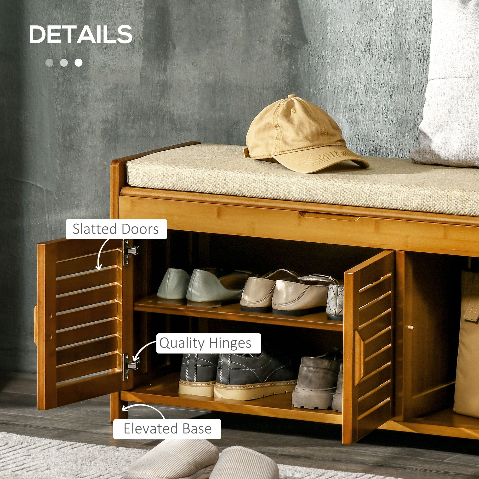 Shoe Bench with Storage Cabinets Bamboo Entryway Bench with Cushion 3 Doors, Brown