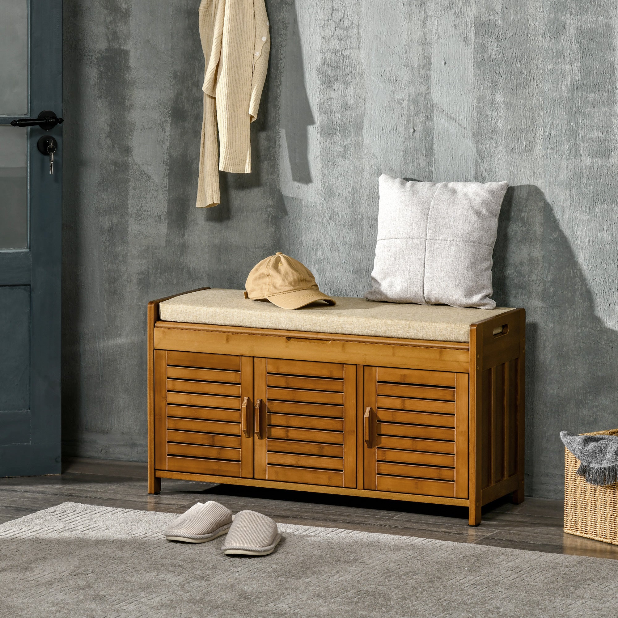 Shoe Bench with Storage Cabinets Bamboo Entryway Bench with Cushion 3 Doors, Brown