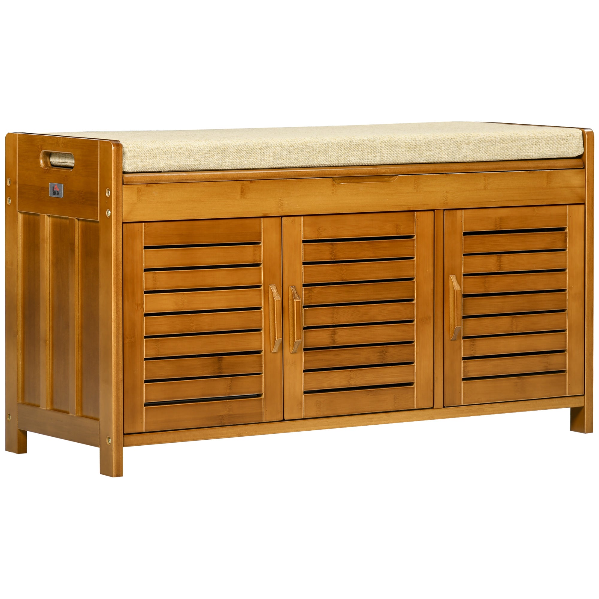 Shoe Bench with Storage Cabinets Bamboo Entryway Bench with Cushion 3 Doors, Brown