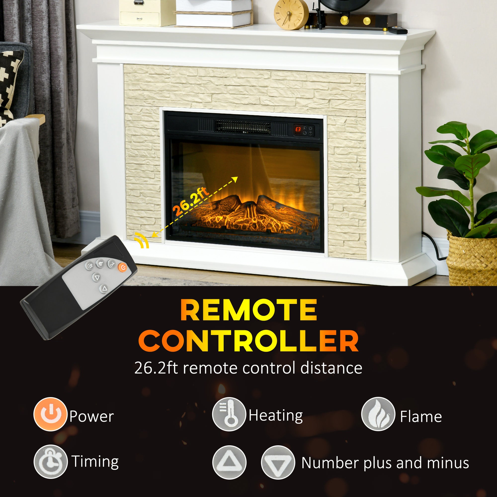 HOMCOM 31.5" Electric Fireplace with Mantel, 1400W Freestanding Fireplace Heater with Remote Control, Overheat Protection, Timer, White