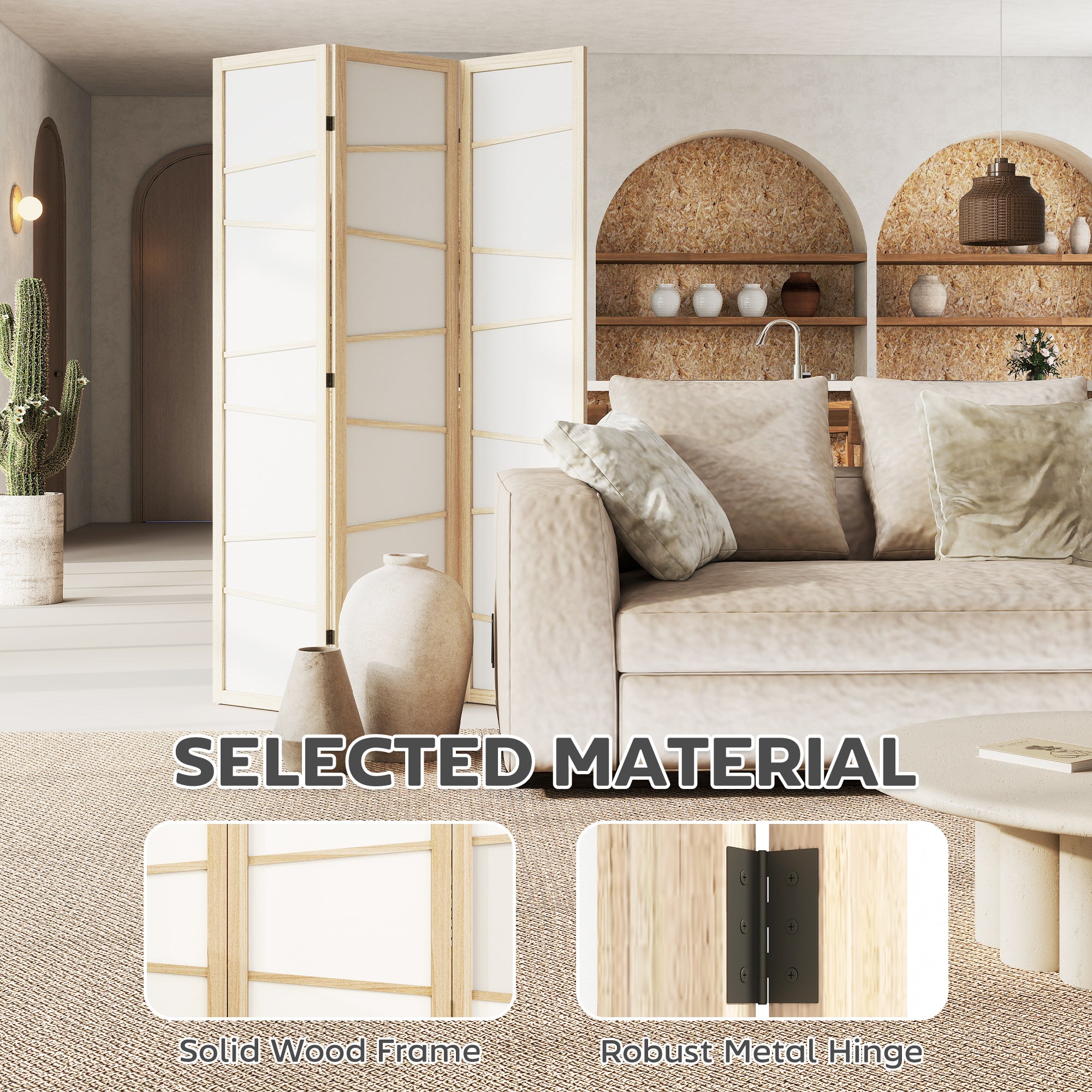 3 Panel Room Divider, Wooden Folding Privacy Screen, Freestanding Wall Partition Separator for Bedroom, Natural Wood Finish