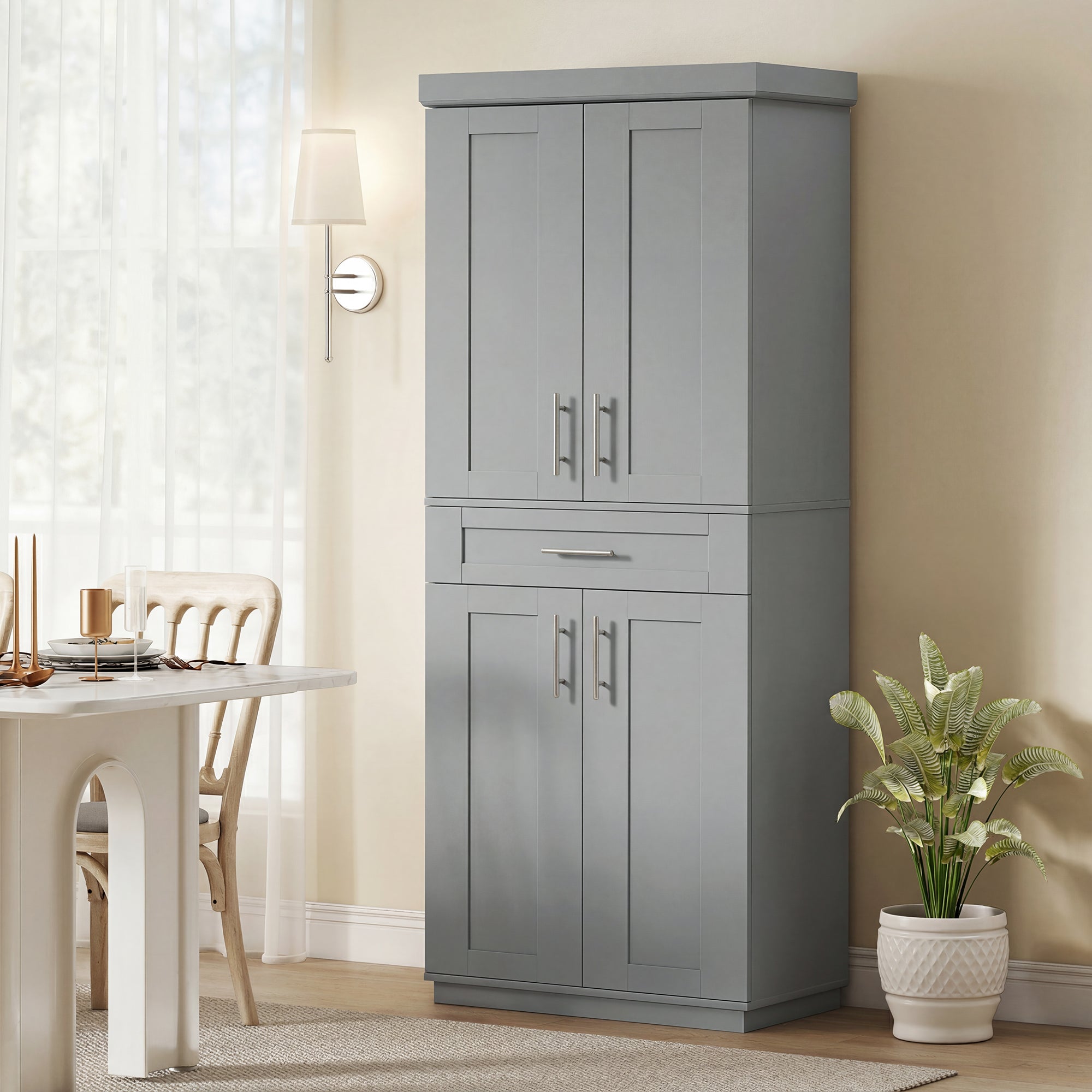 72" Kitchen Pantry Cabinet, Freestanding Tall Storage Cabinet with 4 Doors, Drawer and 3 Adjustable Shelves for Dining Room, Gray