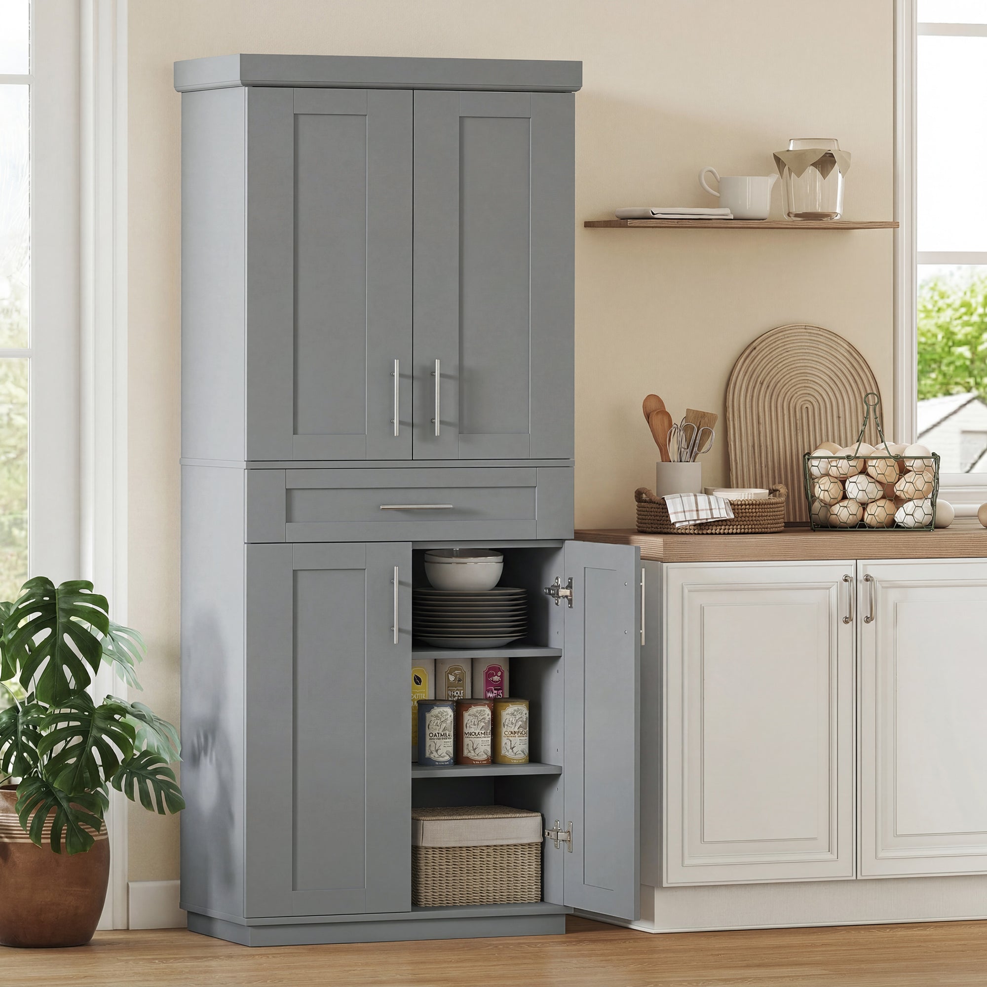 72" Kitchen Pantry Cabinet, Freestanding Tall Storage Cabinet with 4 Doors, Drawer and 3 Adjustable Shelves for Dining Room, Gray