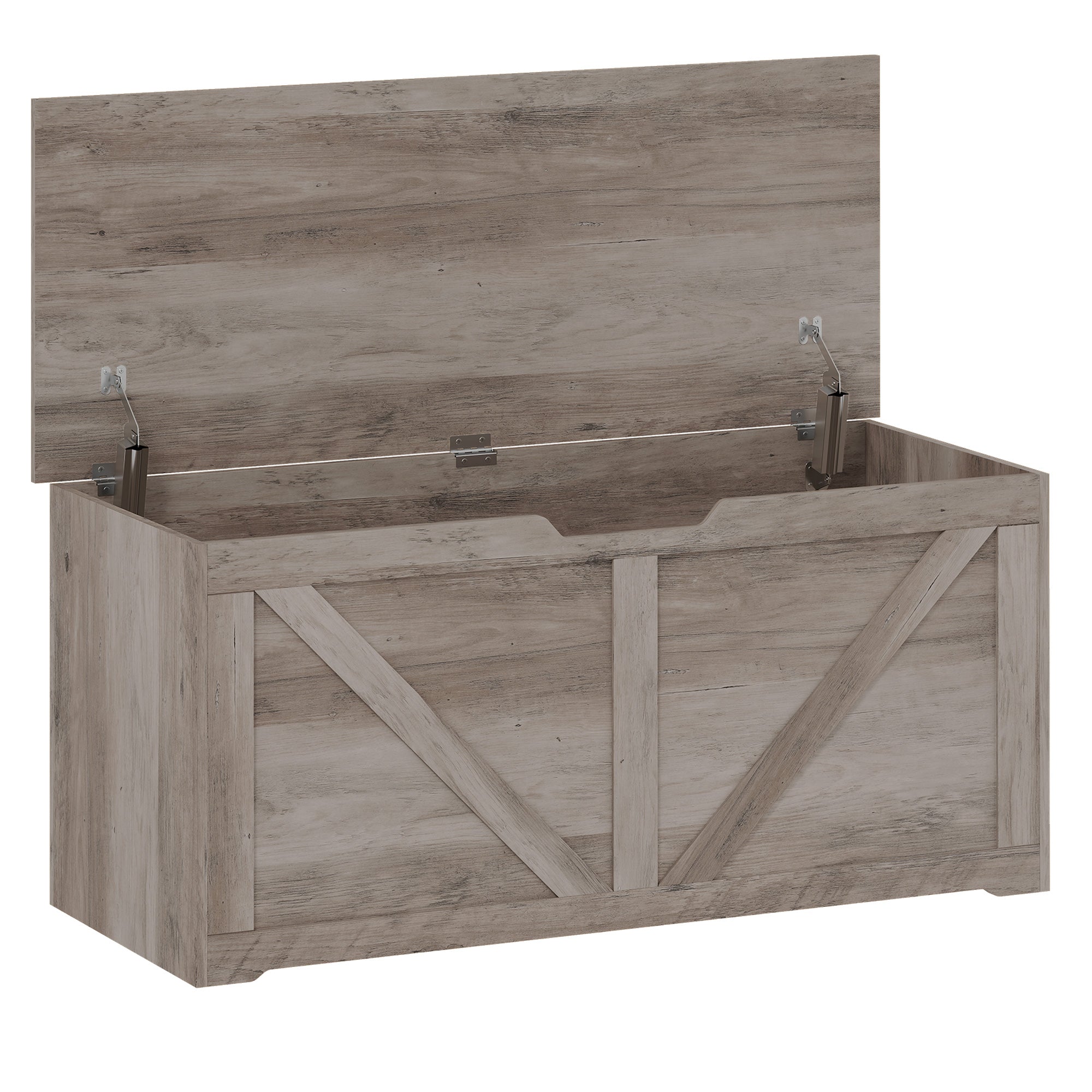 127L Storage Chest, Shoe Storage Trunk Bench Box with 2 Safety Hinges and U-shaped Cut-out Pull, Blanket Box Ottoman for Bedroom, Living Room, Entryway, 100 x 40 x 45 cm, Grey Wood-Effect