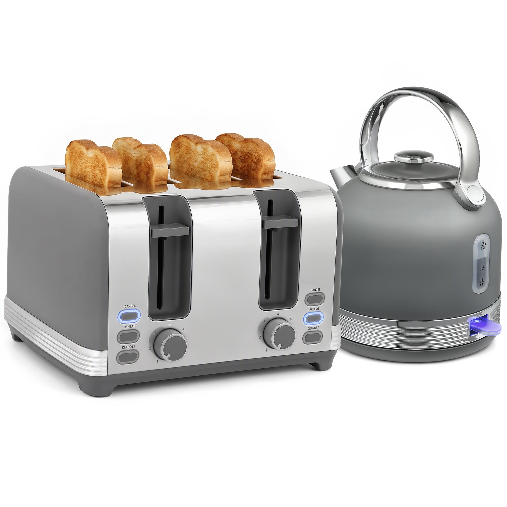 Stainless Steel Kettle and Toaster Set, 1.7L 3000W Cordless Fast Boil Kettle, 4 Slice Toaster Kitchen Set with 7 Level Browning Controls, Defrost, Reheat and Crumb Tray, Grey