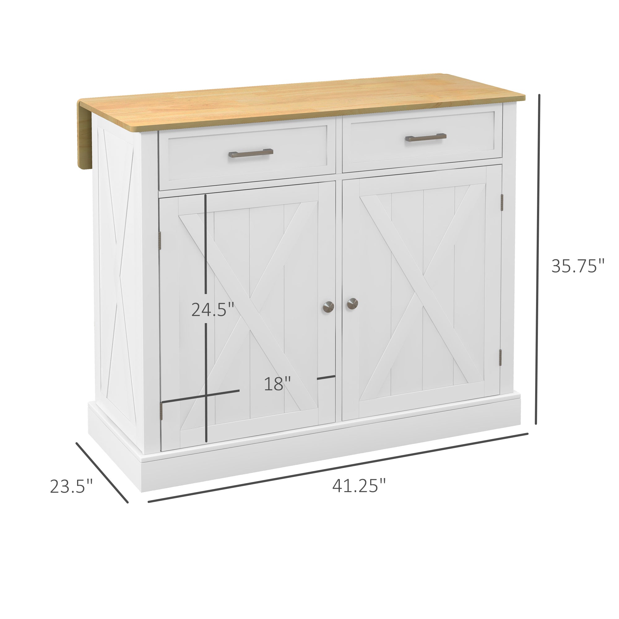 Rolling Kitchen Island with Drop Leaf, Wood Breakfast Bar Cart with 2 Drawers, White