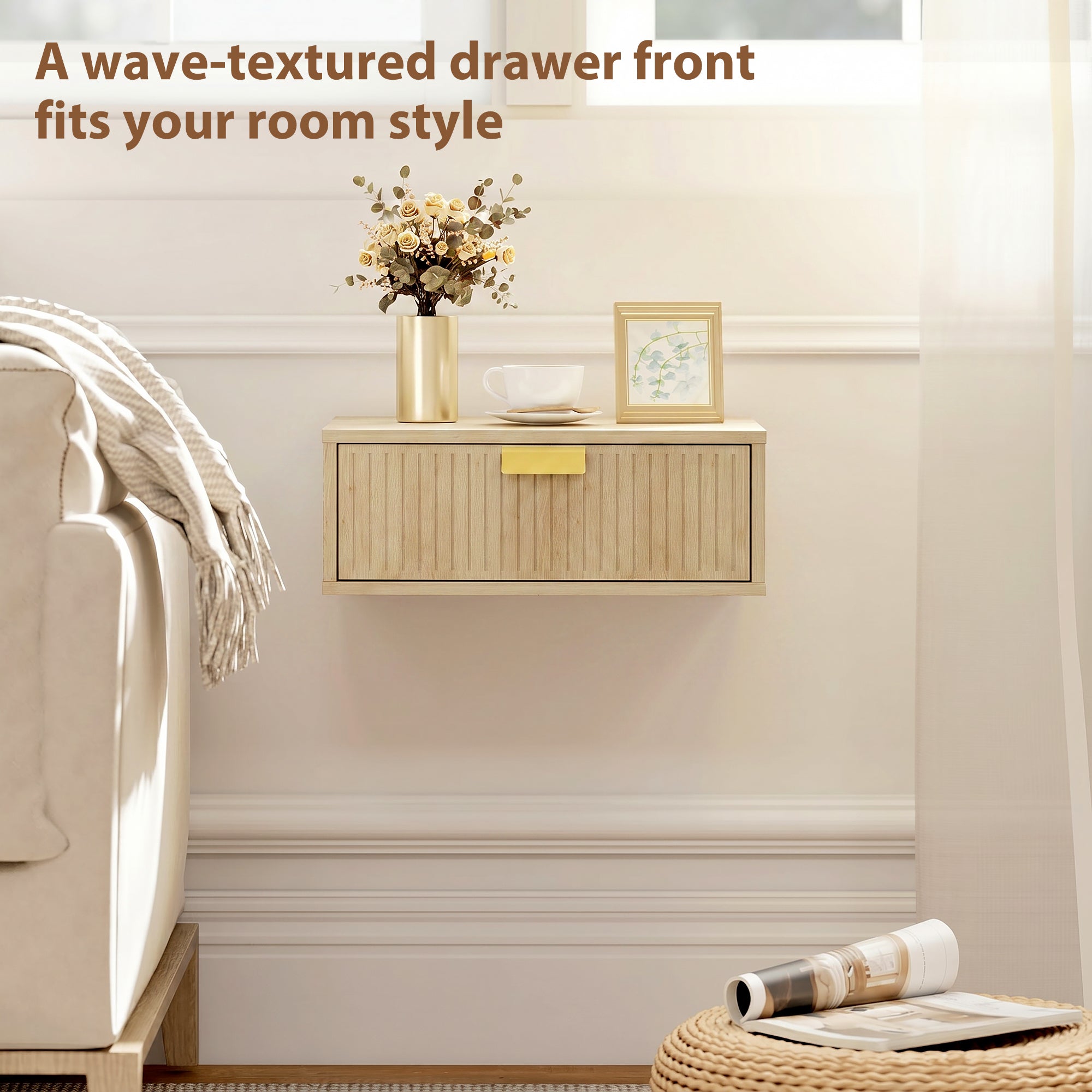 Modern Floating Nightstands Set of 2, Wall Mounted Bedside Tables with Wave Drawer for Bedroom and Living Room, Oak