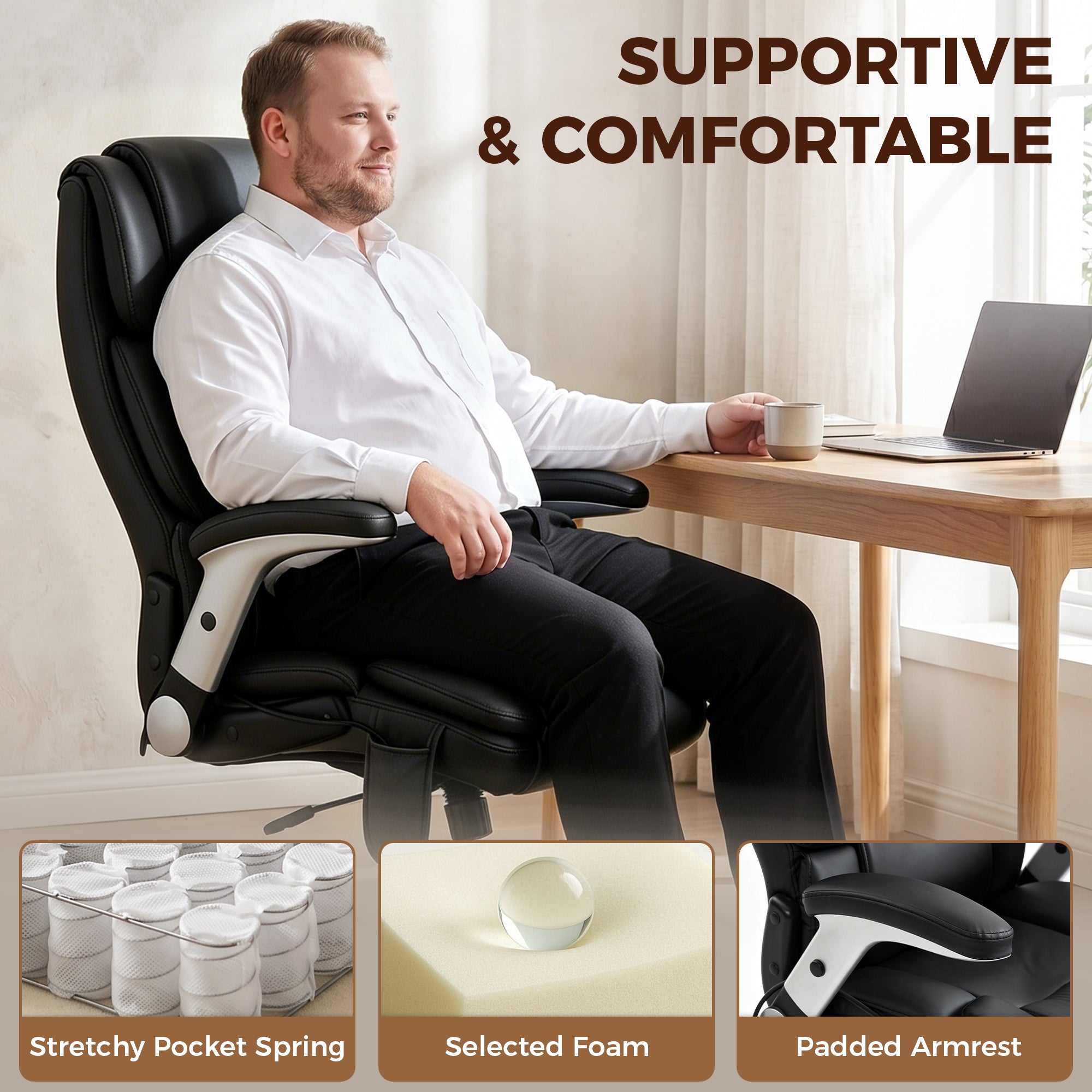 Heavy Duty Office Chair 400LBS with Airbag Lumbar Support, Pet-Friendly Fabric, Big and Tall Desk Chair with Flip-Up Armrests, Pocket Springs, Class 4 Gas Cylinder, Wide Seat, Black