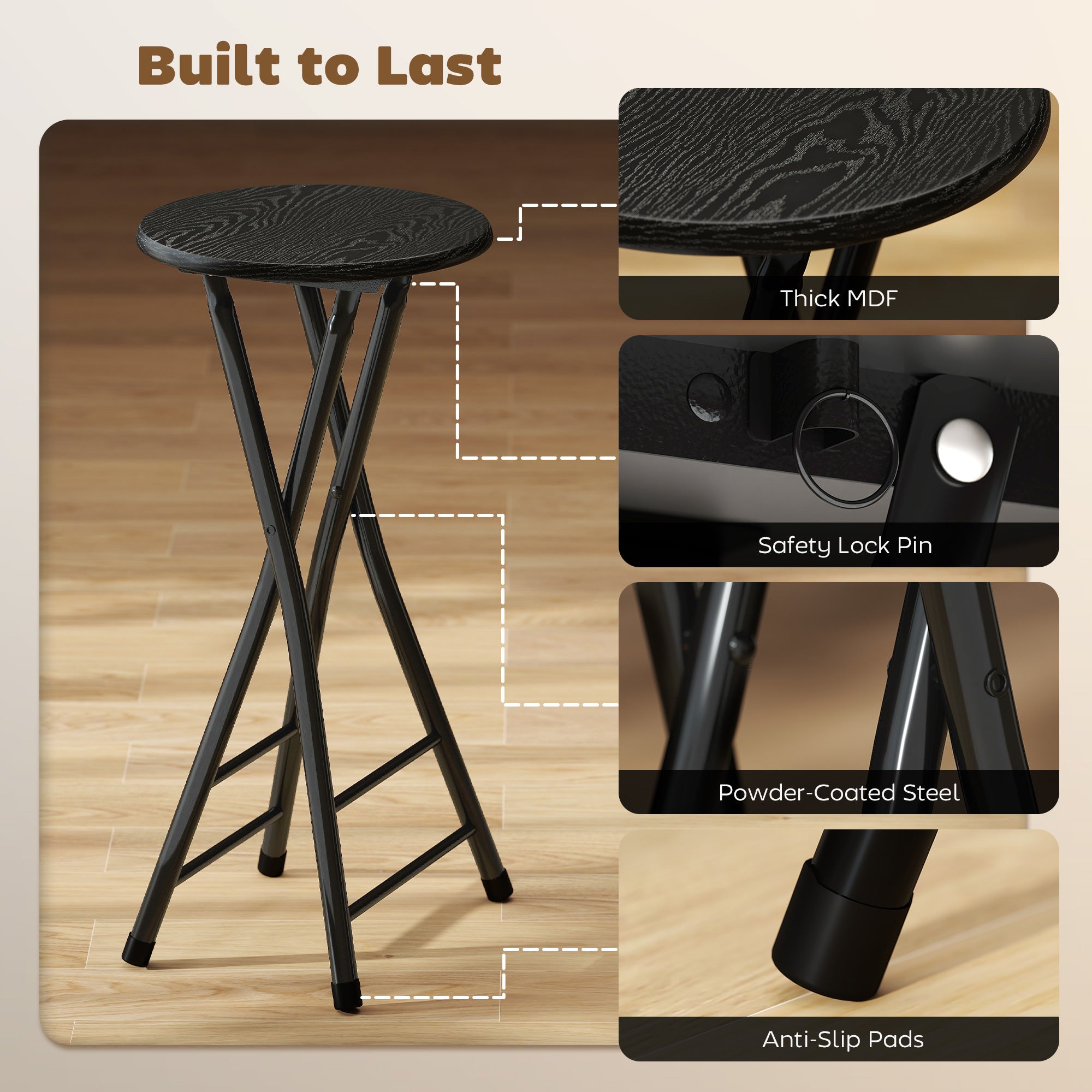 Foldable Bar Stools Set of 2, 24" Counter Height Round Bar Chairs with Double Footrest, Folding Barstools for Kitchen Island, Black